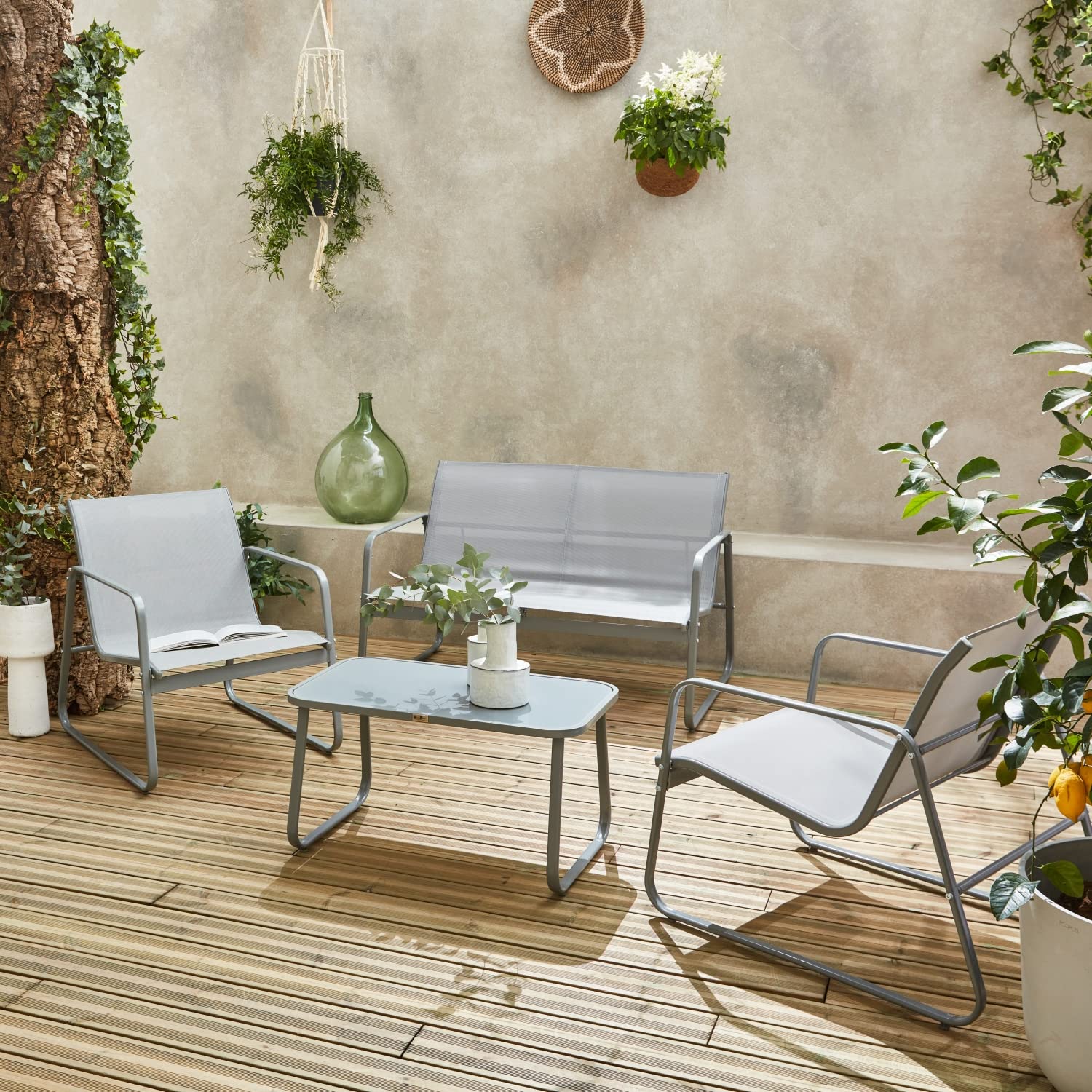 Alice's Garden - Gartenlounge aus Metall und Textilene für 4 Personen, Hellgrau, modern