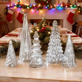 Set of 5 Mercury Glass Christmas Tree 2026 Plate Glass Figurines with LED Fairy Lights Christmas Decorations Indoor Acrylic Anti-Drop 7-14'' Tall Lighted Xmas Tree for Living Room Mantel Table (#A2)