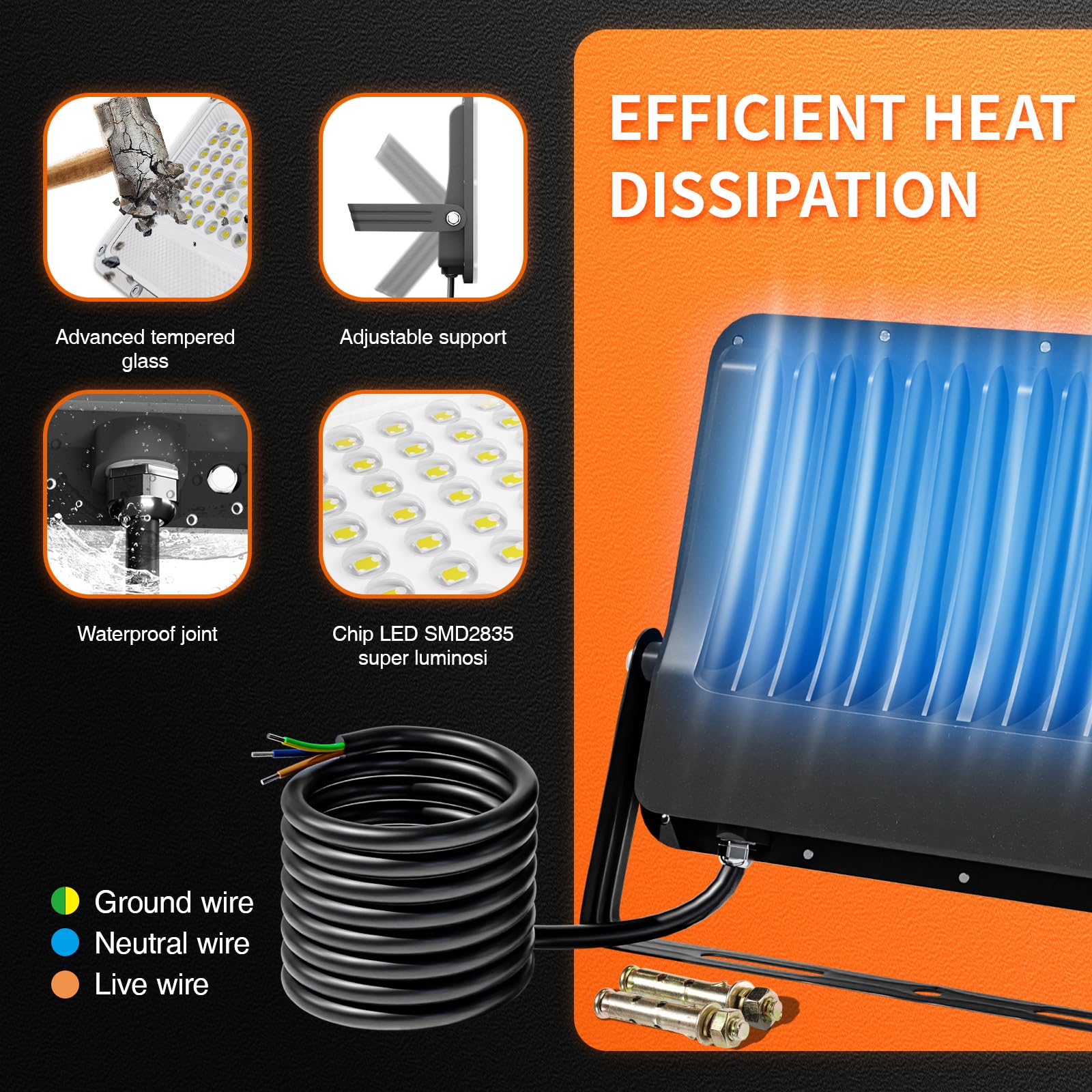 KOSOOM Faretto LED da Esterno 50 W luce Fredda 6500 K Lente Ottica Faro LED Esterno 5500 lm IP66 impermeabile, per giardino, Patio, garage, Piscina fuori terra, campo sportivo, cortile, 2 pezzi