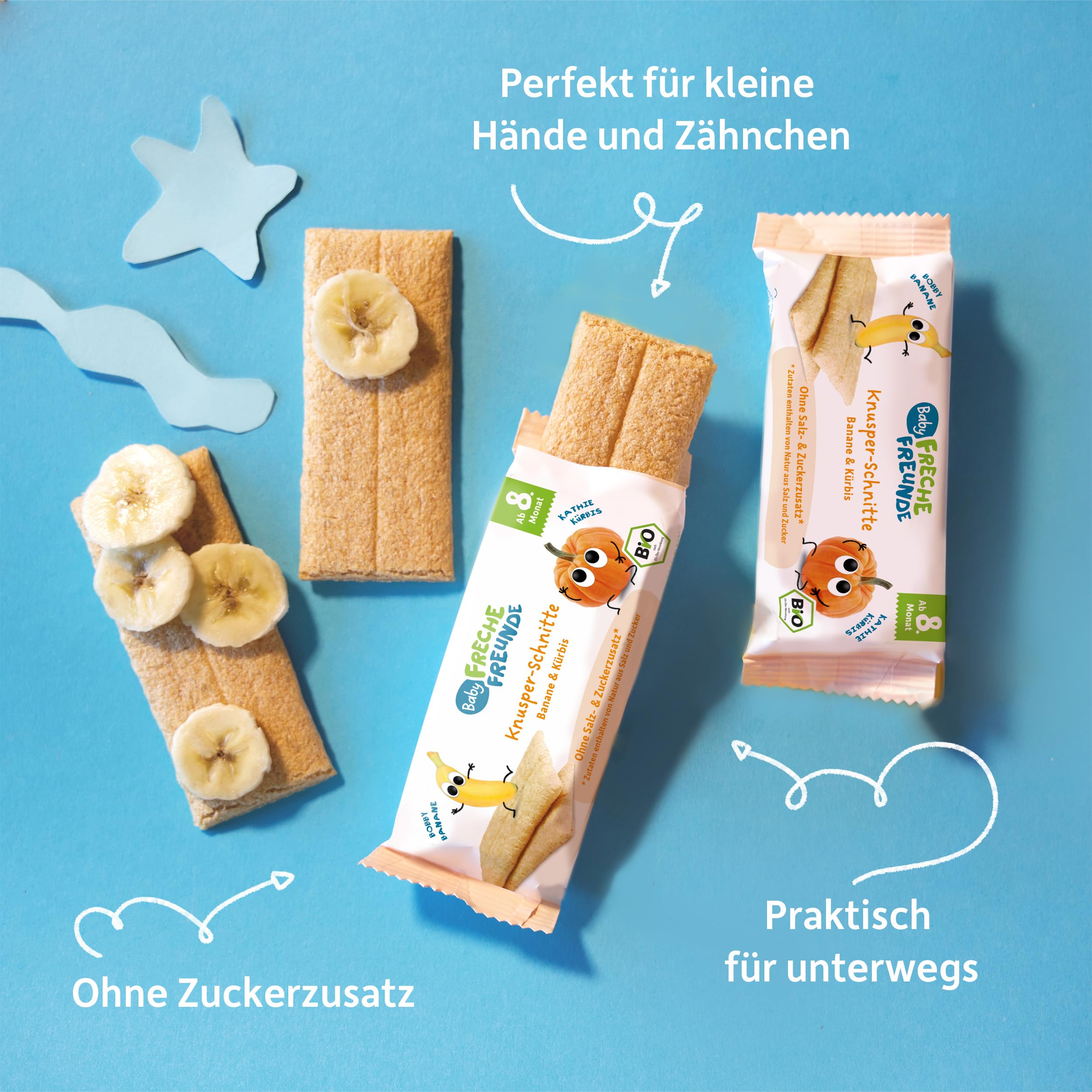 FRECHE FREUNDE Bio-Getreideschnitten mit Bio-Bananenpulver und Bio-Kürbispulver, Knusper-schnitte Banane und Kürbis, ohne Zuckerzusatz, 6er Pack (6x84g)
