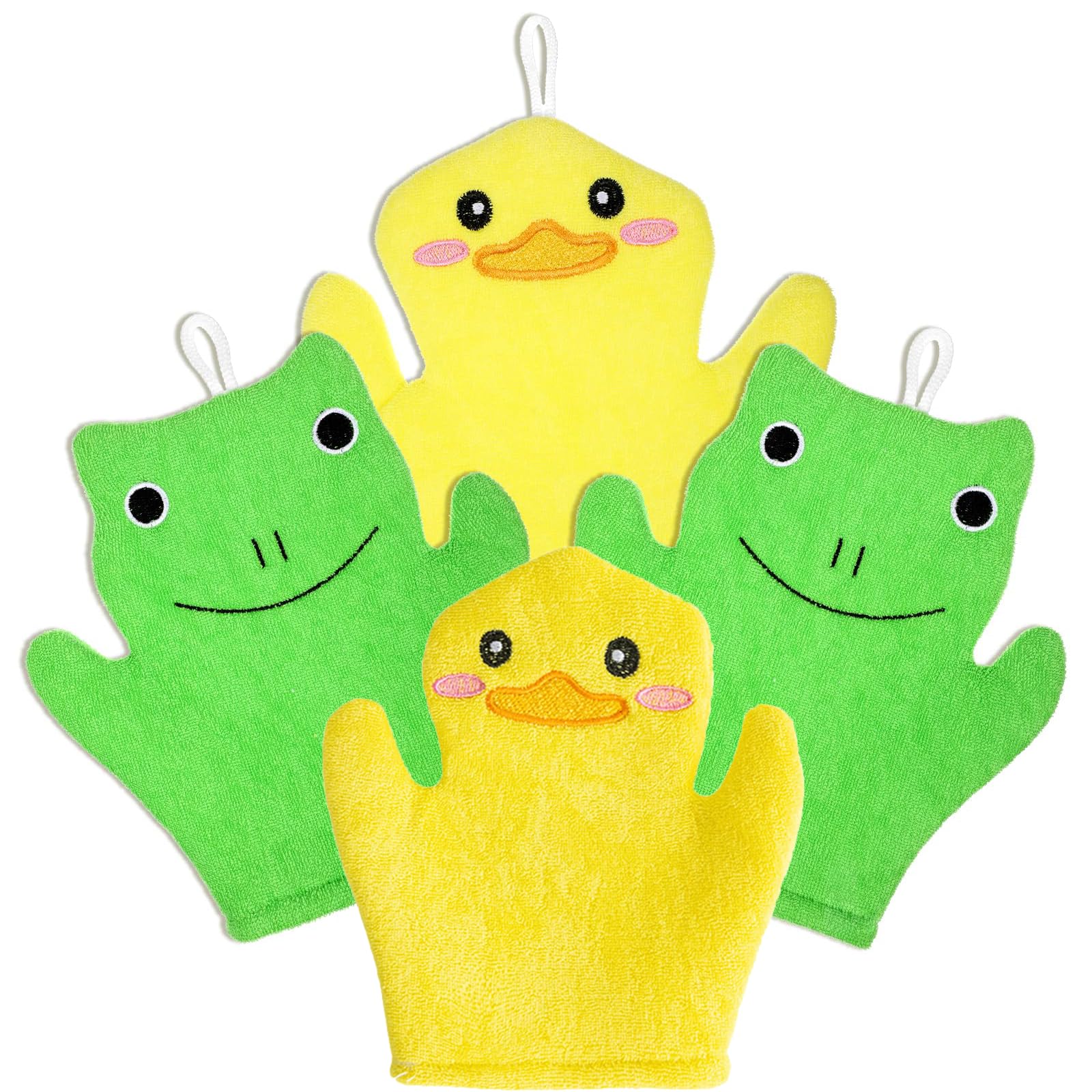 4-Piece Exfoliating Glove Set, Cartoon Animal Washcloths and Bath Mitt for Daily Body Cleansing, Duck and Frog Design-picture-45
