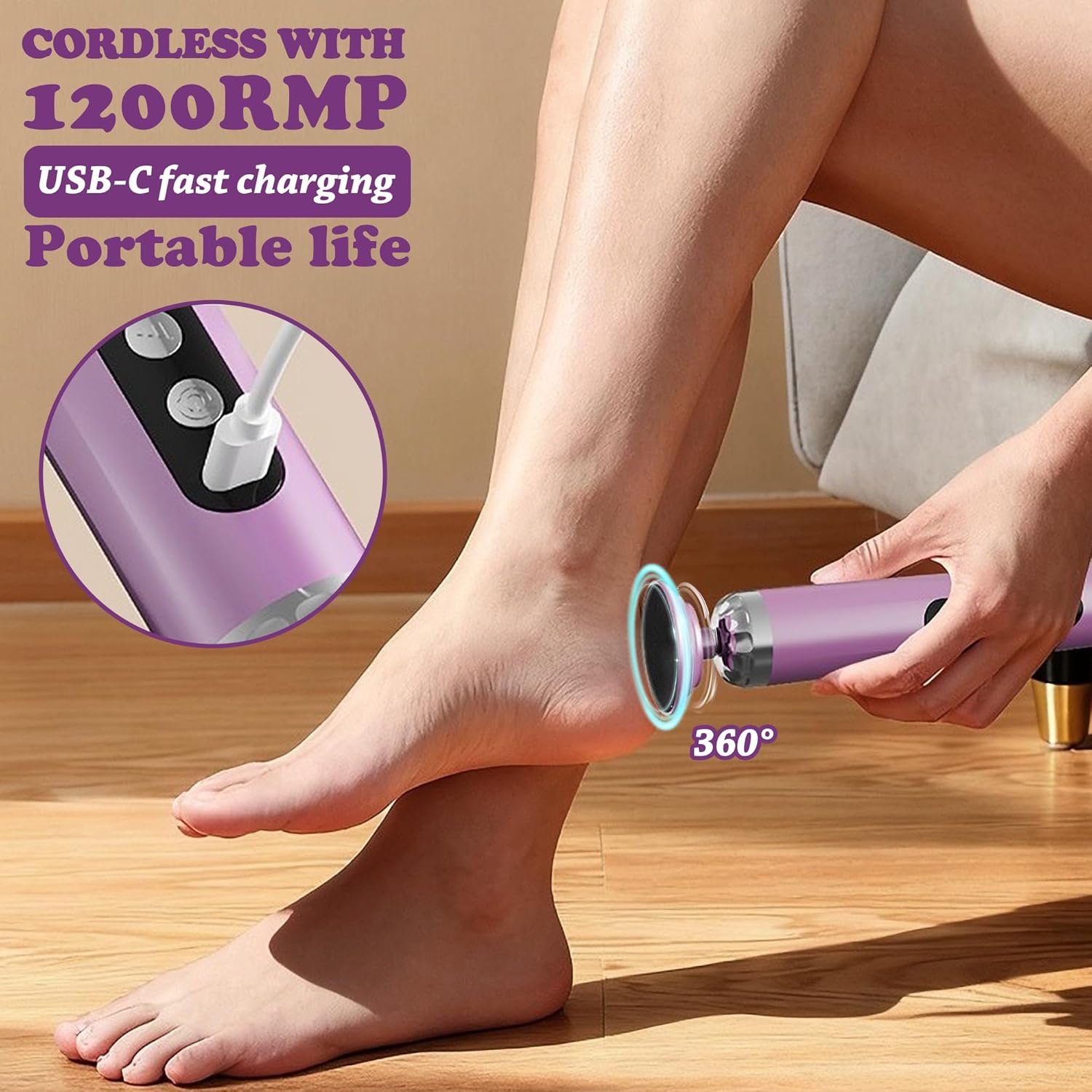 Electric Foot Callus Remover – 50pcs Replacement Sandpaper Discs, 2000mAh Battery, 3 Replacement Heads & 5 Speeds, Cordless Rechargeable Pedicure Tool for Cracked Heels & Dead Skin Care (Purple)