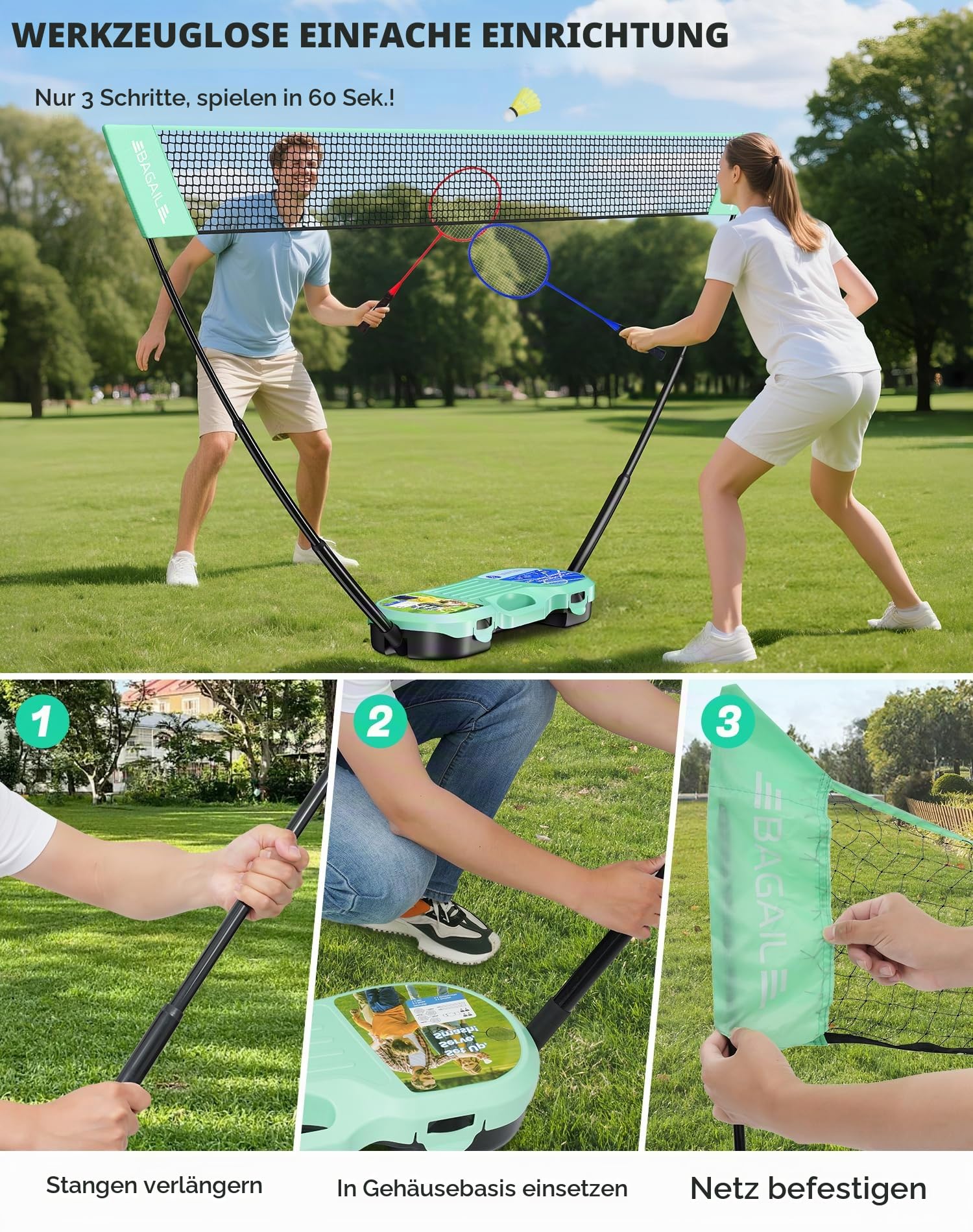 BAGAIL Tragbares Badminton-Netz-Set – Aufbewahrungskoffer – freistehende Basis – schnelle Einrichtung – Pop-Up-Badmintonnetz mit 4 Schlägern, 4 Federbällen für Indoor- und Outdoor-Spiele