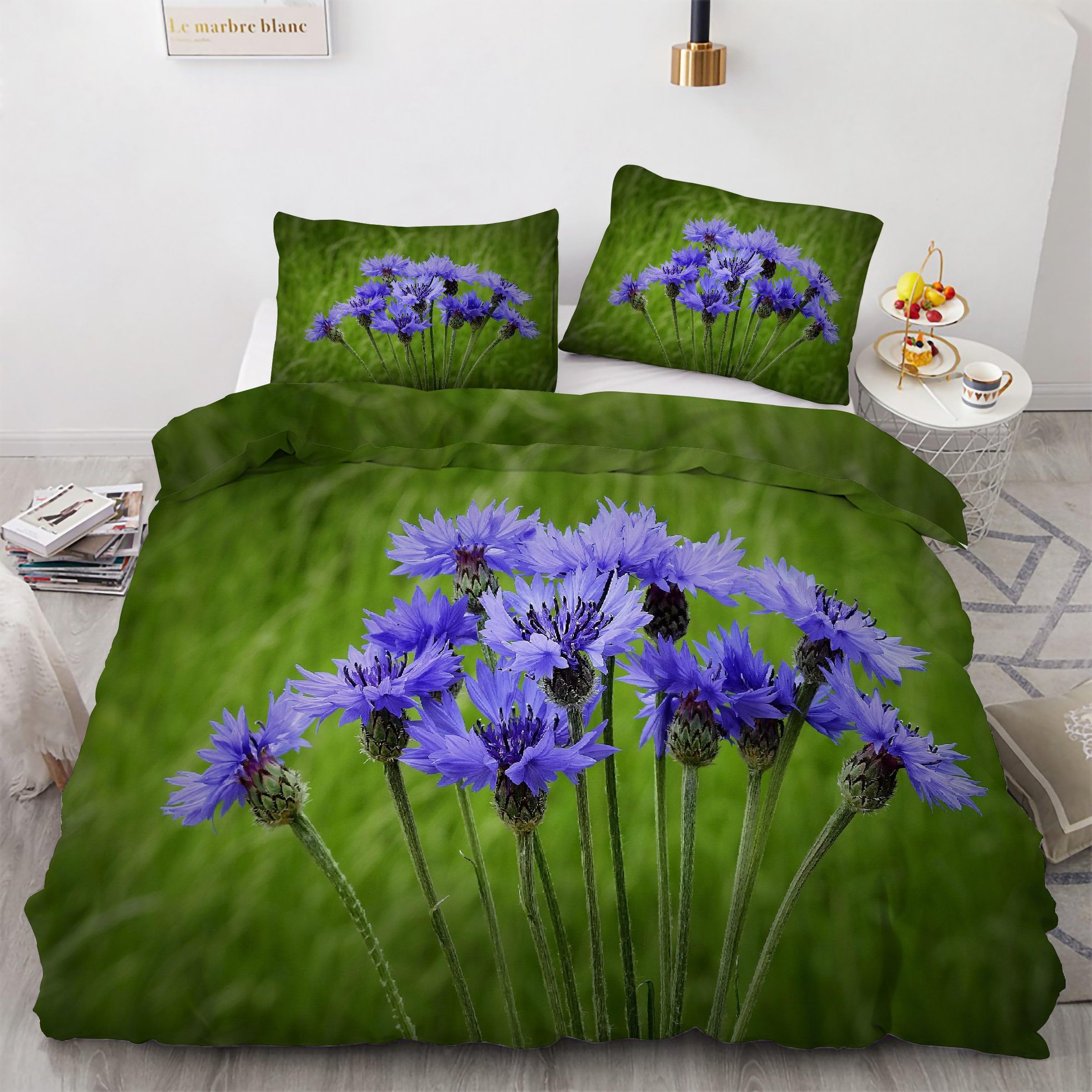 Housse de couette 160x200 bleuet parure de lit 3 pièces ensemble de literie en microfibre