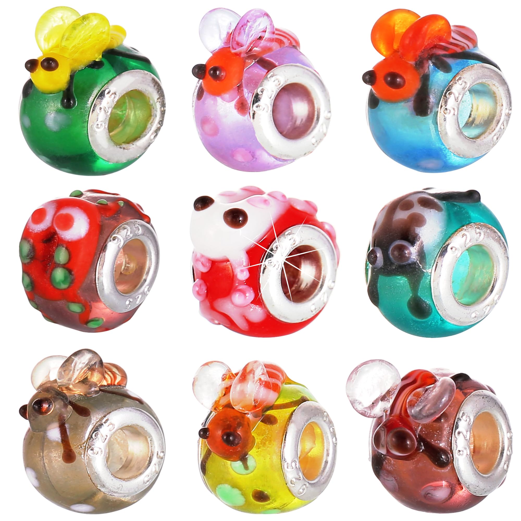 RKC Divine Design By RKC Jewelz LondonGirls 9 Pc Set Murano Glass Charms for Bracelets Necklaces - Cute Animal Theme