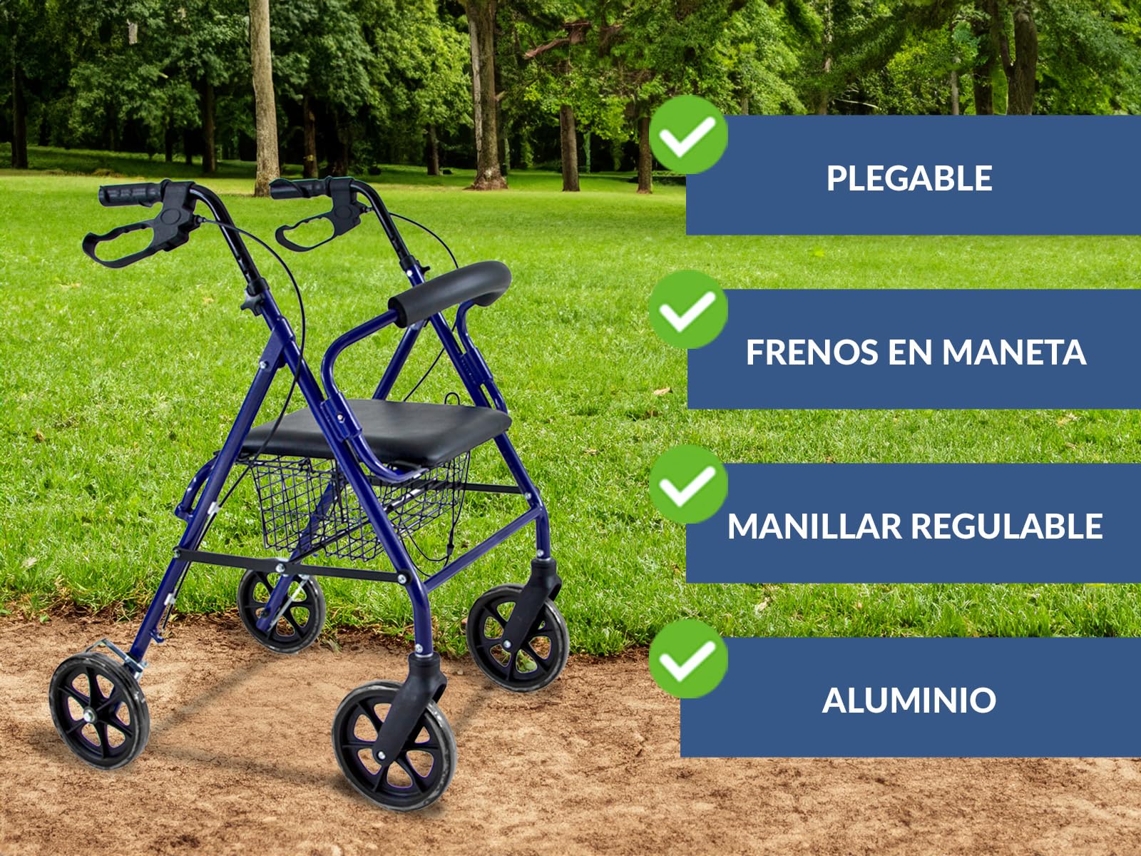 QUIRUMED Andador con asiento, Plegable, Aluminio, Color Azul, Con ruedas. Cesta portaobjetos, Frenos de maneta, Ligero, Para ancianos, Para personas mayores