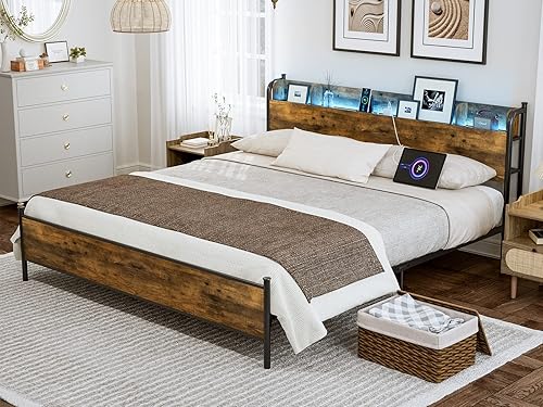Miniatura 9 de Base de cama Queen con luces LED y estación de carga, cama de plataforma Queen con cabecera de estante de almacenamiento, soporte de listones de