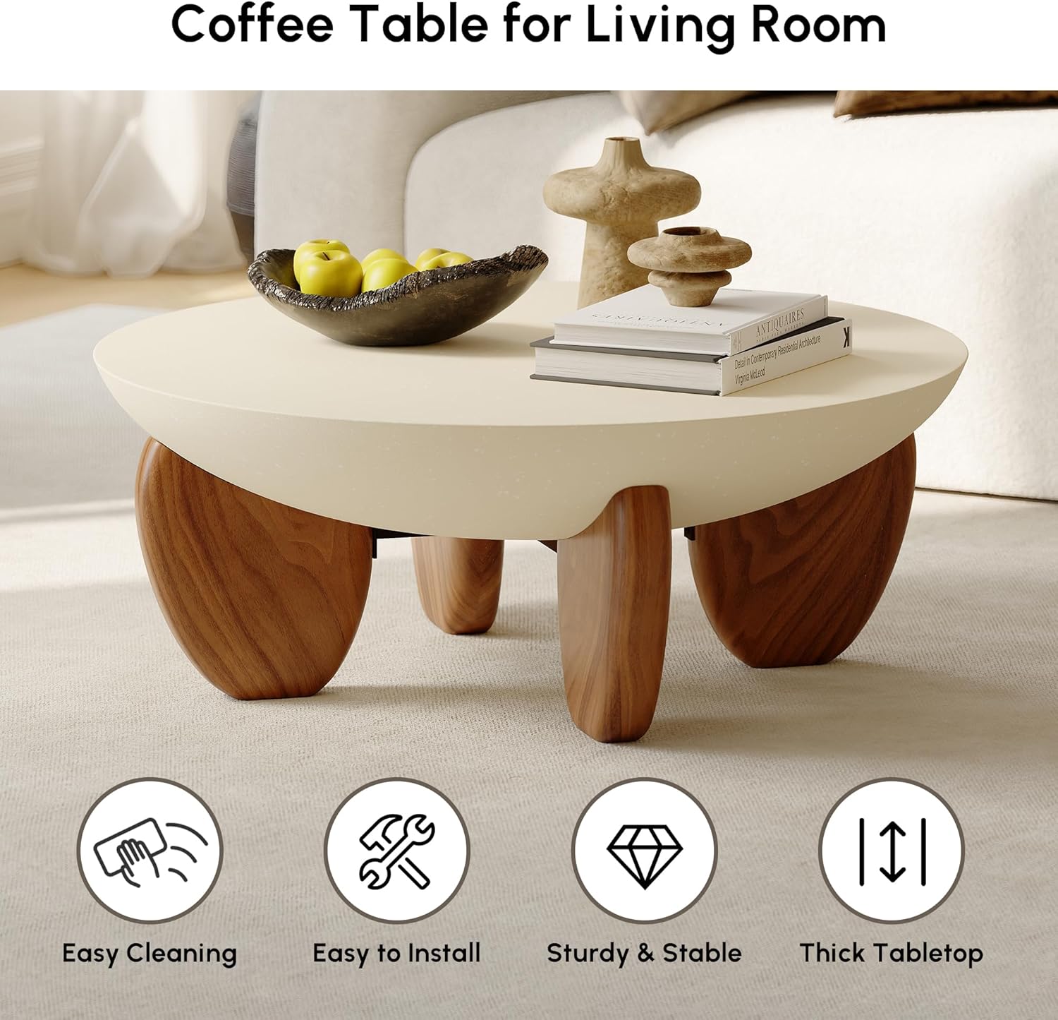 homary Round Concrete Coffee Table with Premium Walnut Ash Wood Legs, Modern Minimalist Cement Finish Center Table for Living Room