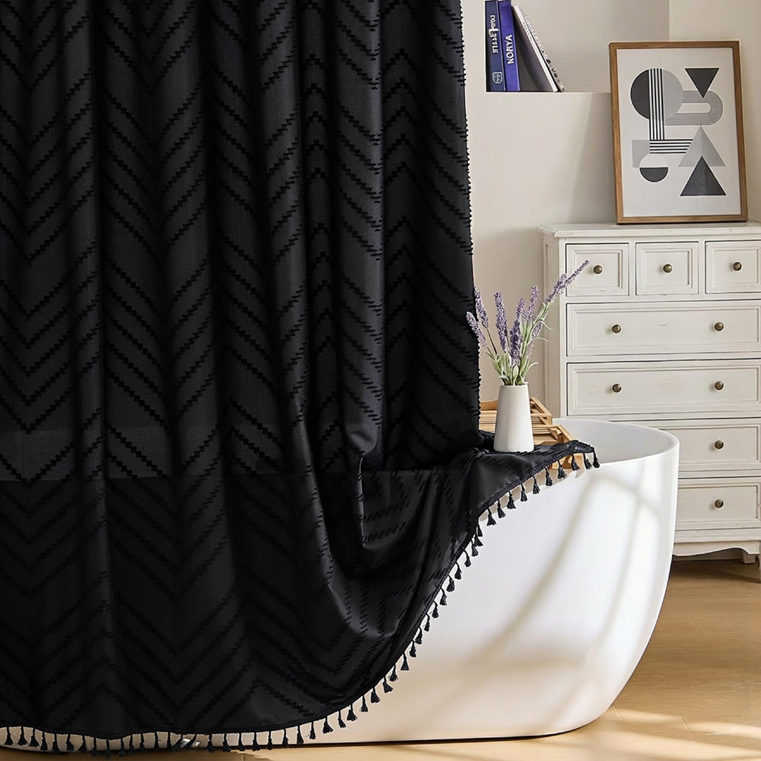 Boho Black Tassel Woven Fabric Shower Curtain - 72 x 72 Modern Farmhouse Textured Tufted Chevron Striped Minimalist Bathroom Curtain — image 1