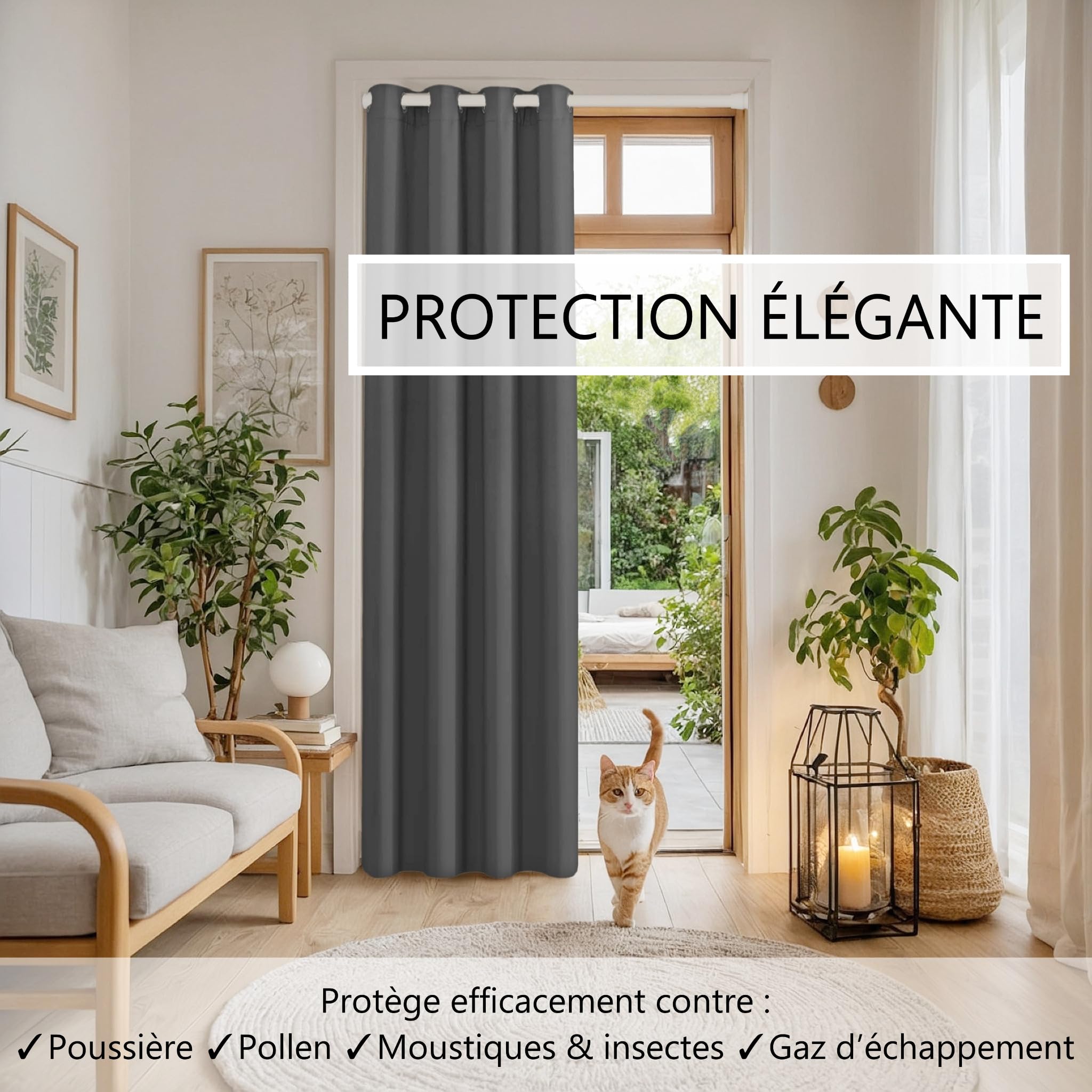 Rideau de porte avec tringle télescopique, montage facile en seulement 1 minute sans perçage (rideau de porte anthracite + barre de serrage blanche - Rideau 210 x 150 cm (H x l) + barre 70-120 cm
