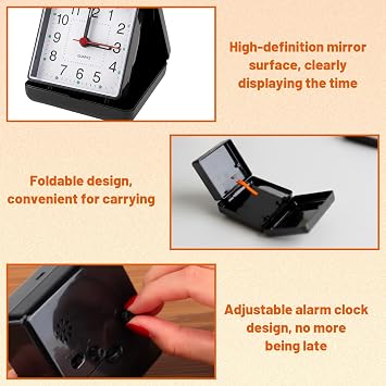 Travel Alarm Clock, Operated Travel Clock with Folding Case, Small Desk Clock for Home Office Travel, Black Box Design