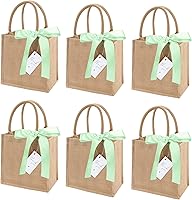 Vista 19 de Paquete de 6 bolsas de arpillera con asas reutilizables pequeñas bolsas de regalo de yute con cintas de seda moradas, forro impermeable para boda
