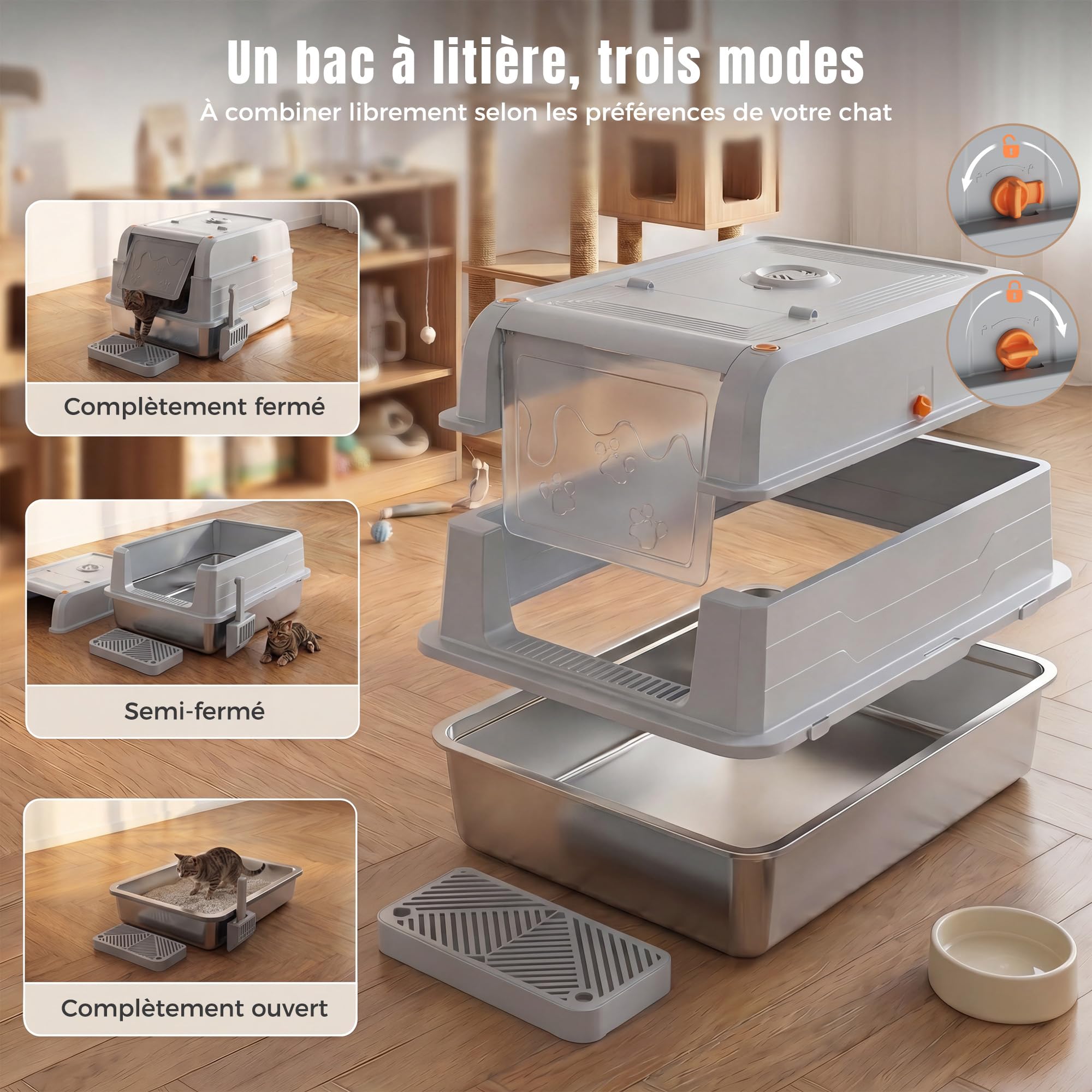 JUMMICO Bac A Litiere pour Chat XXXL, 120L Bac Litiere pour Chat – 3 en 1 (Ouvert/Semi-Fermé/Fermé), Couvercle Ouvert À 150°, Anti-Rayures, Anti-Fuites, Facile À Nettoyer, Plateau Anti-Sable