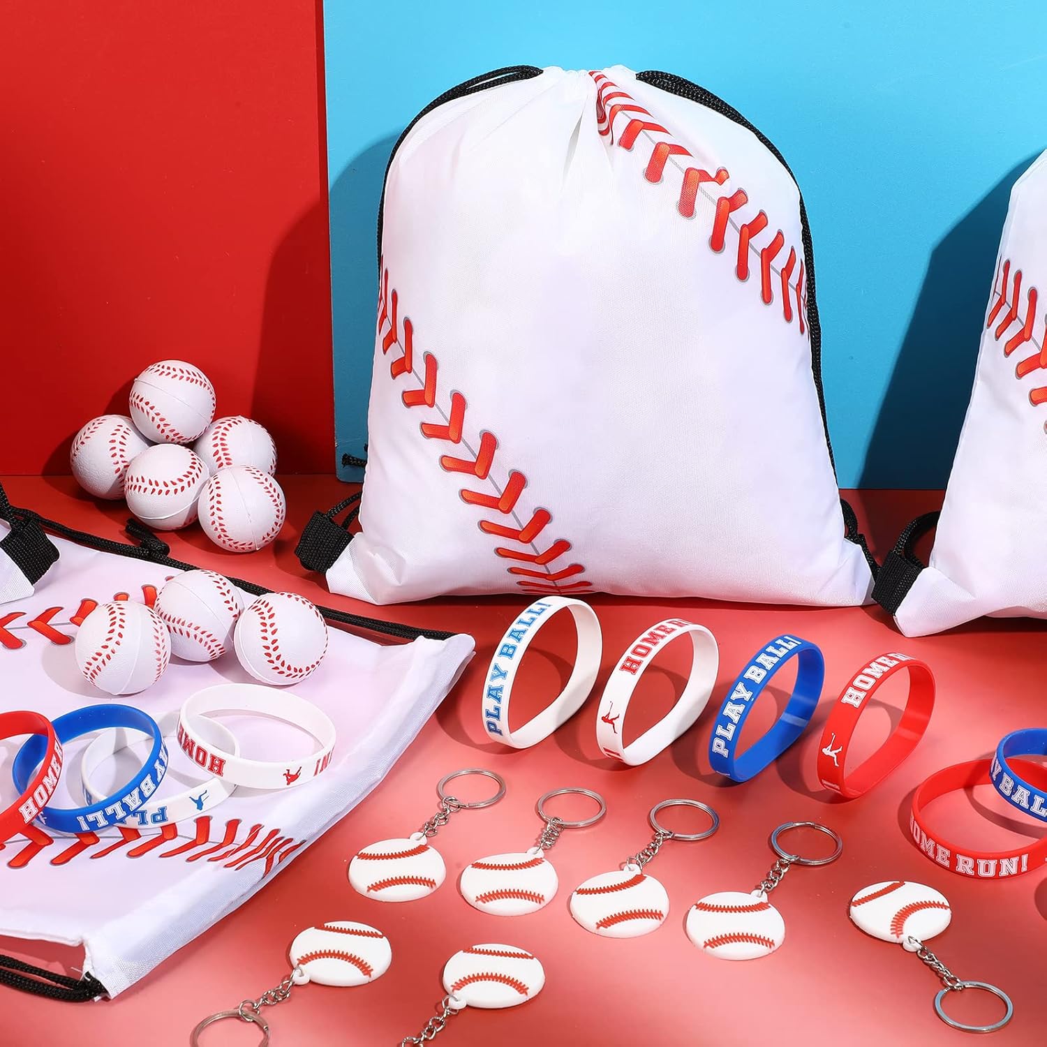 LEIFIDE 48 Pcs Baseball Party Favors 12 Sets Silicone Bracelet Drawstring Treat Bag Mini Stress Ball Keychains for Baseball Birthday Party Supplies - Image 6