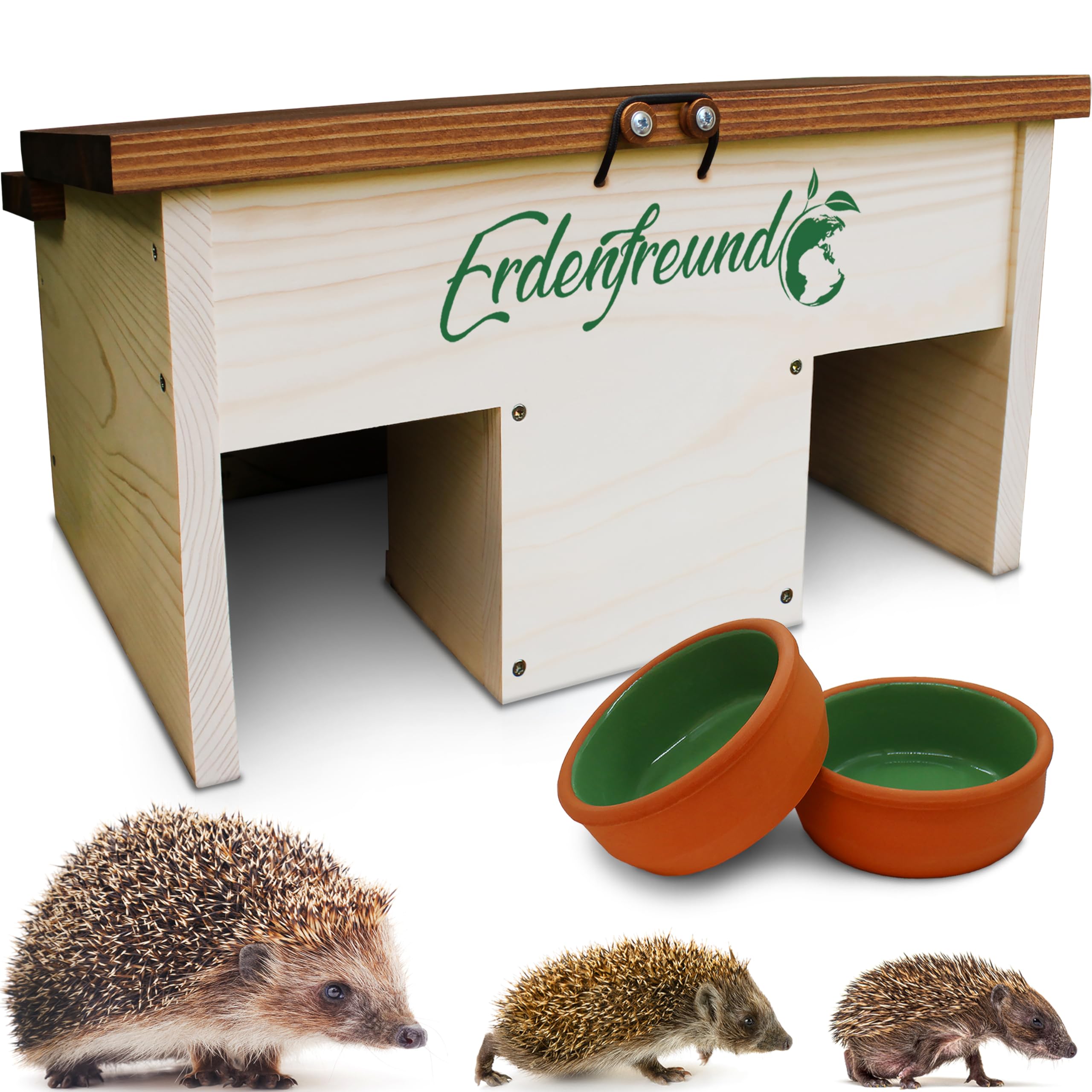 ERDENFREUND® Igelfutterhaus + 2er Set Wasser- & Futternapf Igelhaus kaufen artgerecht mit festem Dach-Sicherheitsverschluss und 2 Labyrinth Eingängen (Igelfutterhaus inkl. 2er Set Wasser-& Futternapf)