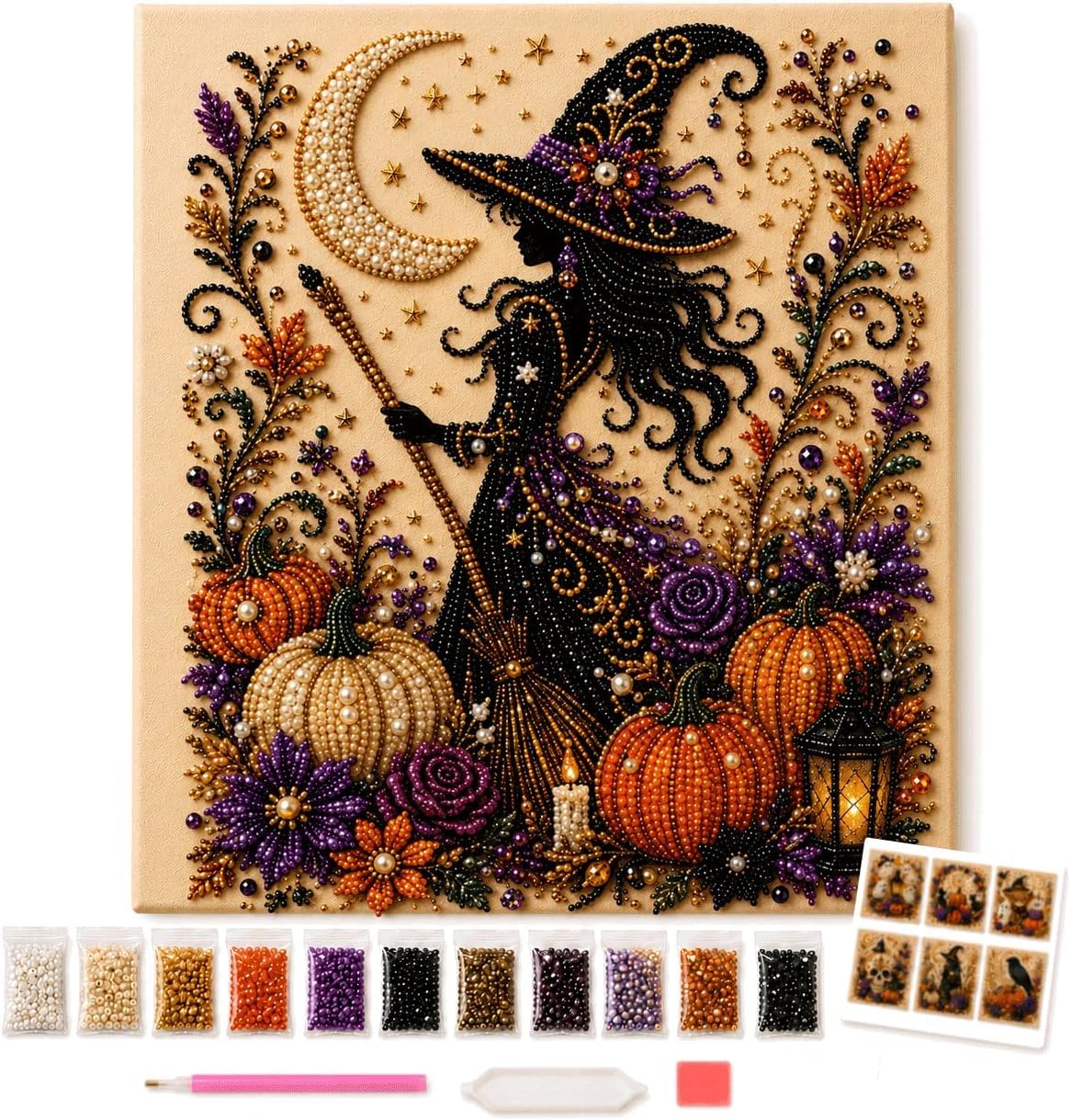Halloween Diamond Art Painting Kits for Adults,Halloween Witch Pearl Art DIY Kit,Spooky Cute 3D Diamond Painting Crafts,DIY Fall Home Decor,Beginner DIY Seasonal Party Decor