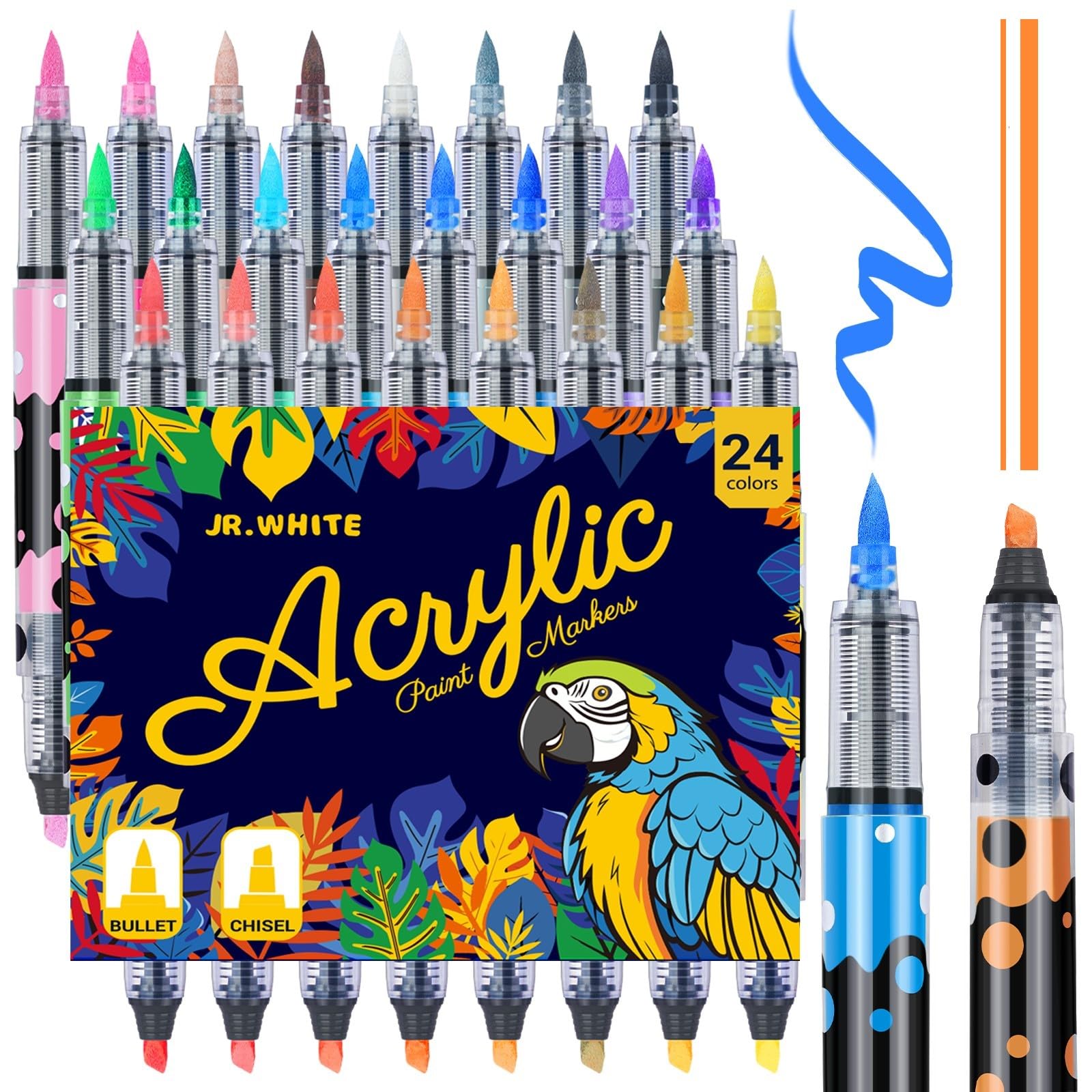 JR.WHITE 24 Colors Acrylic Paint Markers– Dual Brush & Chisel Tip with Auto Flow, Ideal Christmas Gifts for Family Water-Based Markers, Vivid Opaque Colors for DIY Crafts, Rock, Wood, Canvas, Glass