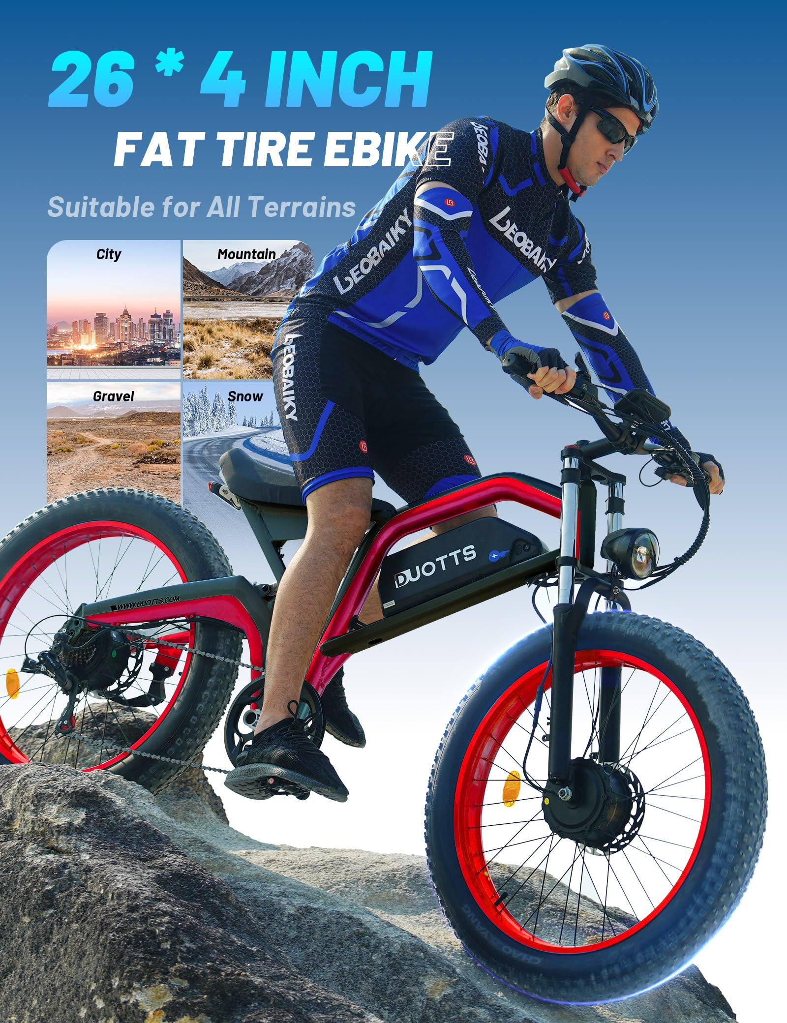 N26 Bici Elettrica Doppio Motore Uomo, Fat Tire 26 x 4.0 Ebike Mountain con 250W Batteria 48V 20Ah, Autonomia di 120Km (PAS), Adatta al Fuoristrada con Sospensioni Idrauliche & App Bluetooth