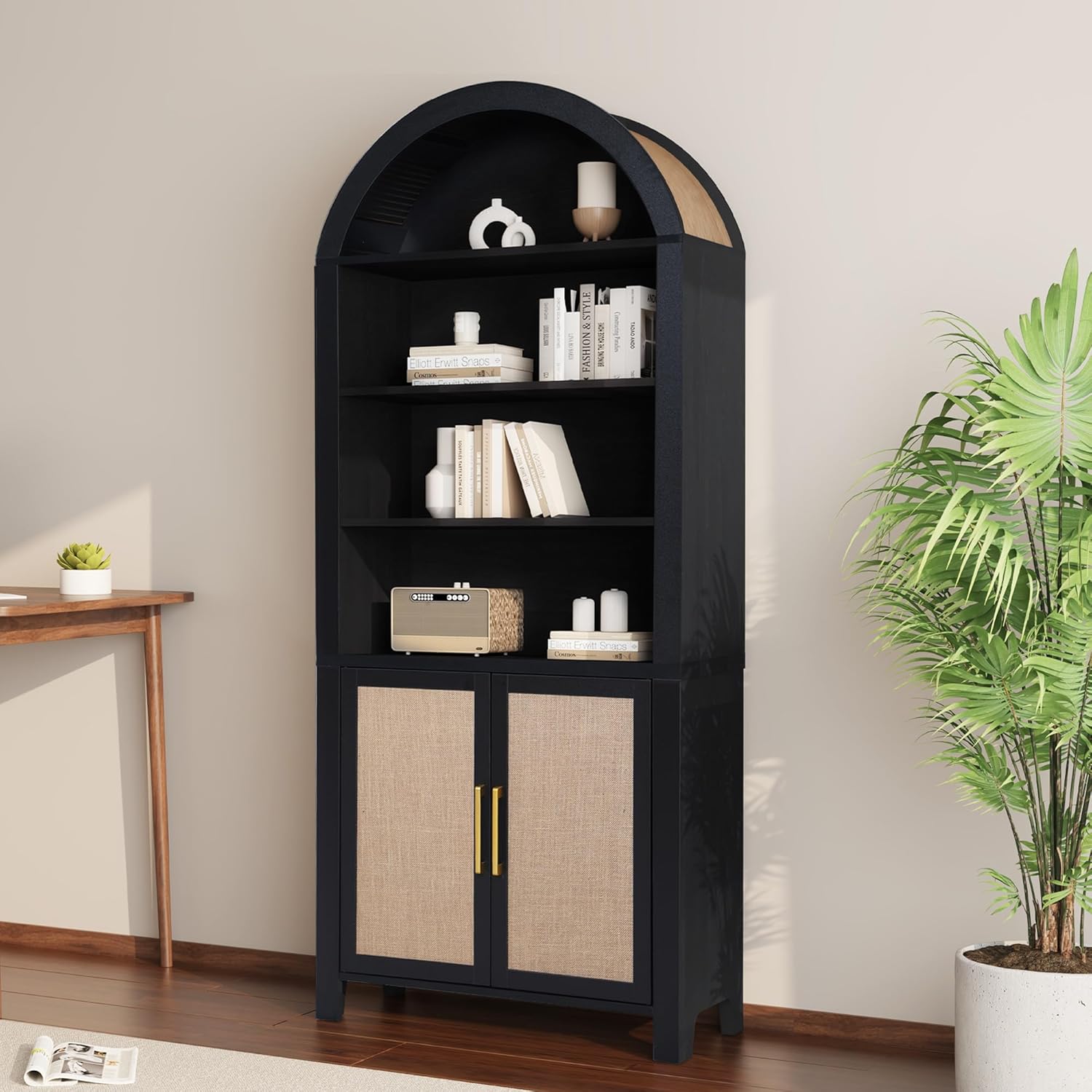 Janmer Home 71" Tall Arched Bookcase with Storage, Mid-Century Modern 6-Tier Arch Cabinet with Door, Arched Bookshelf Cabinet with Open Display Storage Shelf for Office Living Room (Black)