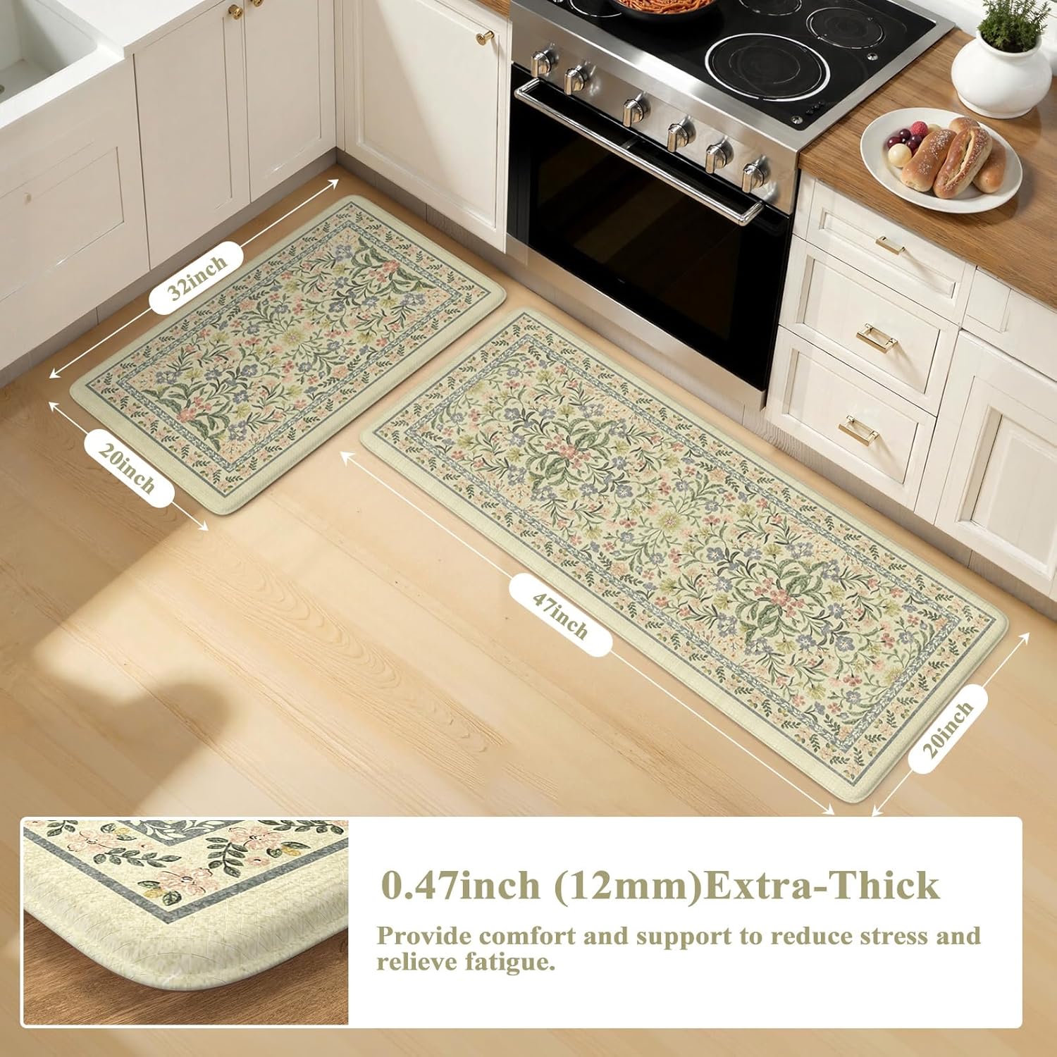 Collive Kitchen Mats for Floor 2PCS, Cushioned Anti Fatigue Rugs Non Slip Waterproof Kitchen Sink Mat, Floral Comfort Standing Mat for Bar, Office, Desk, Home Decor, Beige 20" x 47" + 20" x 32"