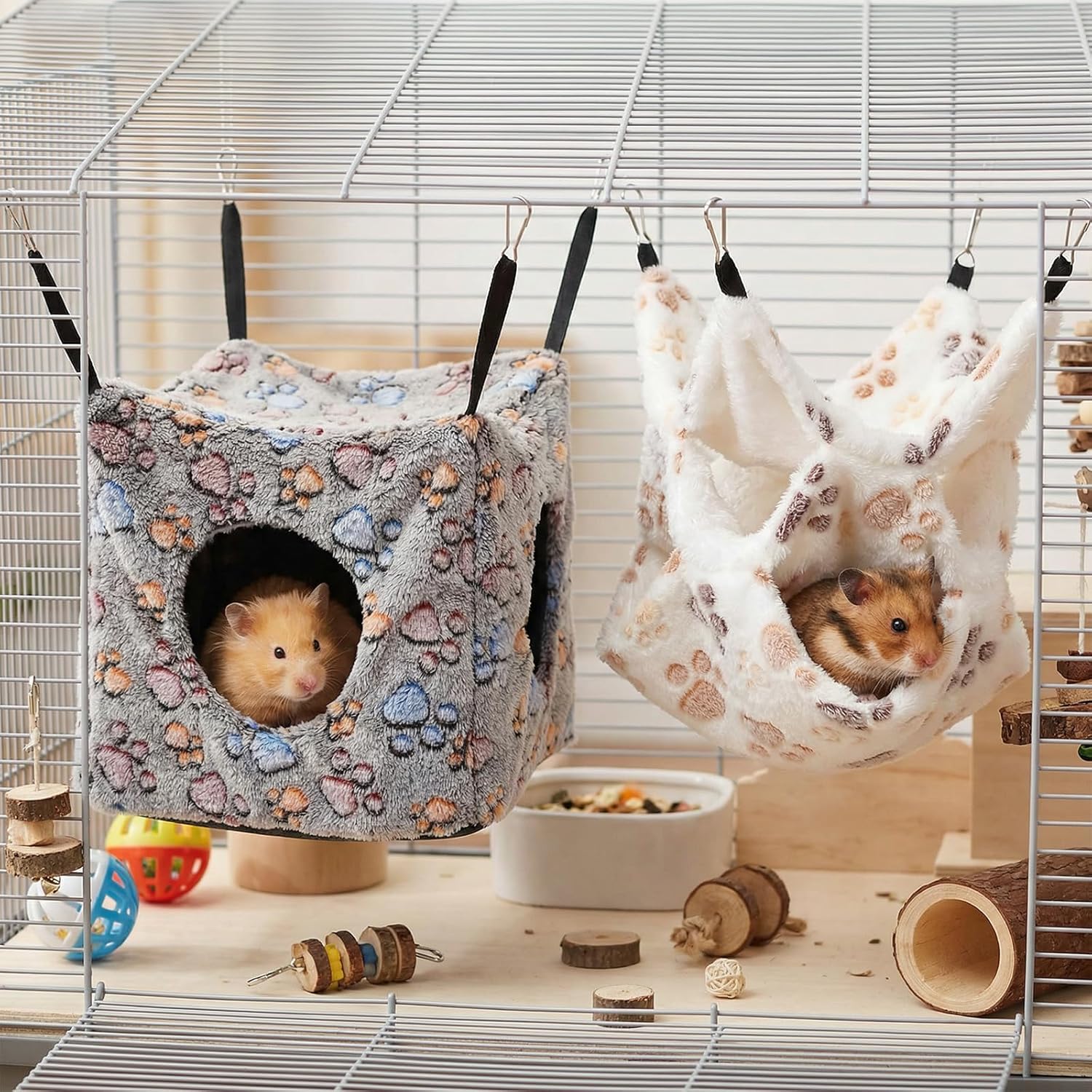 6 Pcs Ferret Cozy Cage Accessories Triple Rat Cage Hanging Hammock Guinea Pig Cube Hammock Chinchilla Bed Hideout Small Animals Toy Accessories Sugar Glider Squirrel Hamster (Cute Paws)