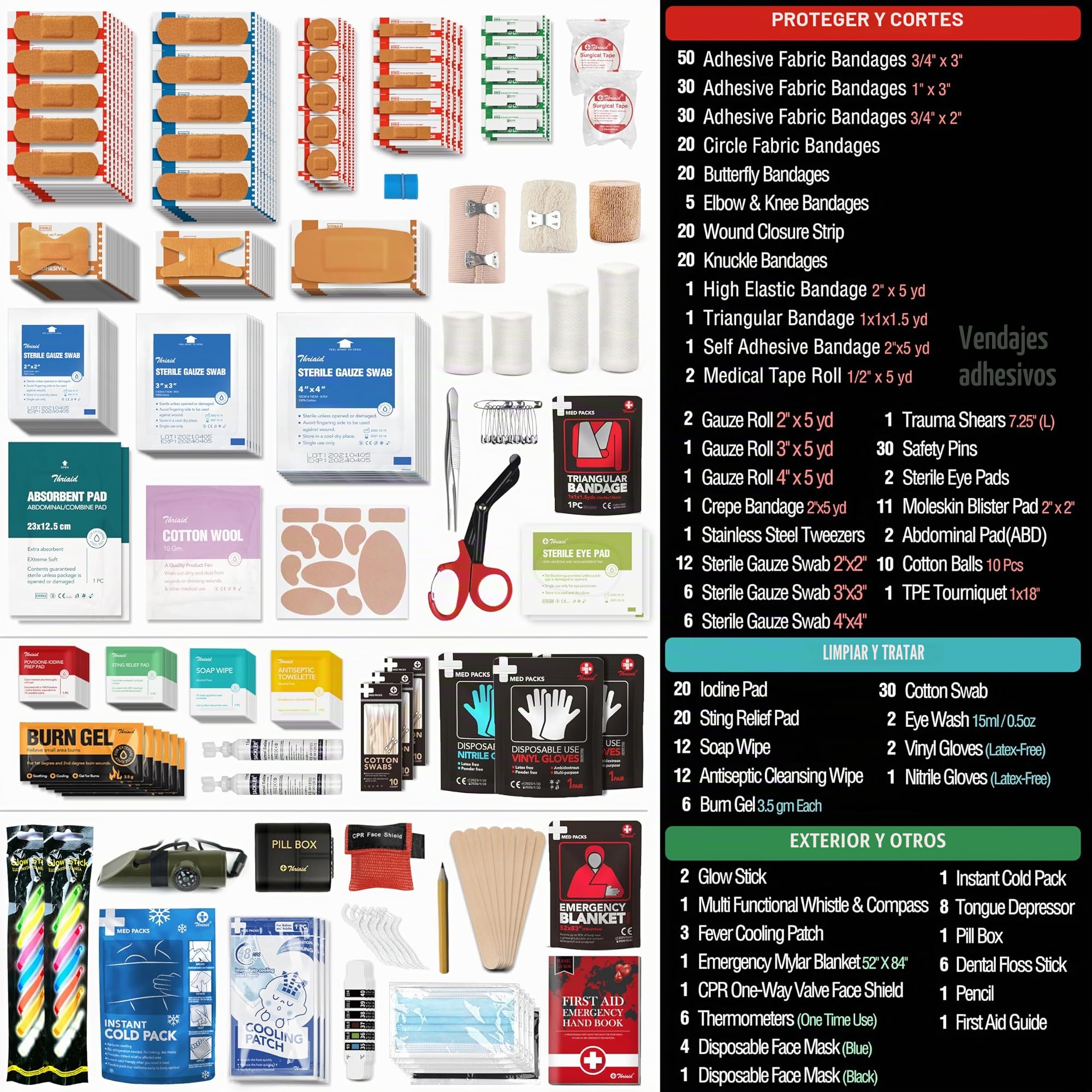 Kit de primeros auxilios de 430 piezas, bien organizado, impermeable, compacto, para cualquier emergencia, ideal para el hogar, oficina, coche, viajes, al aire libre, camping, senderismo, navegación