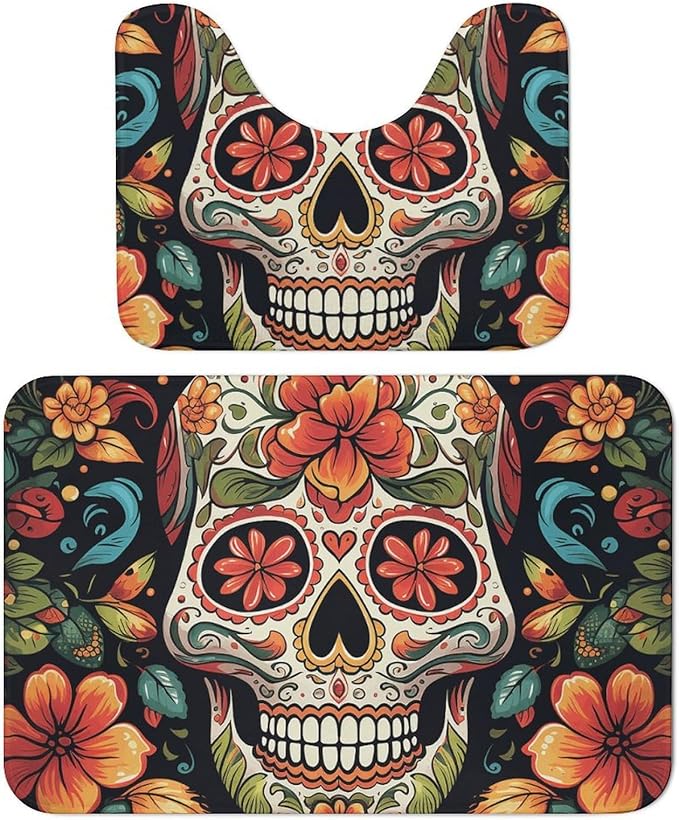 Colorful Sugar Skull Floor Mat Set of 2 Absorbent Coral Velvet Bathroom Mat Bathroom Rugs U Shape Contour Rug Shower Mats for Bedroom Bathrooms