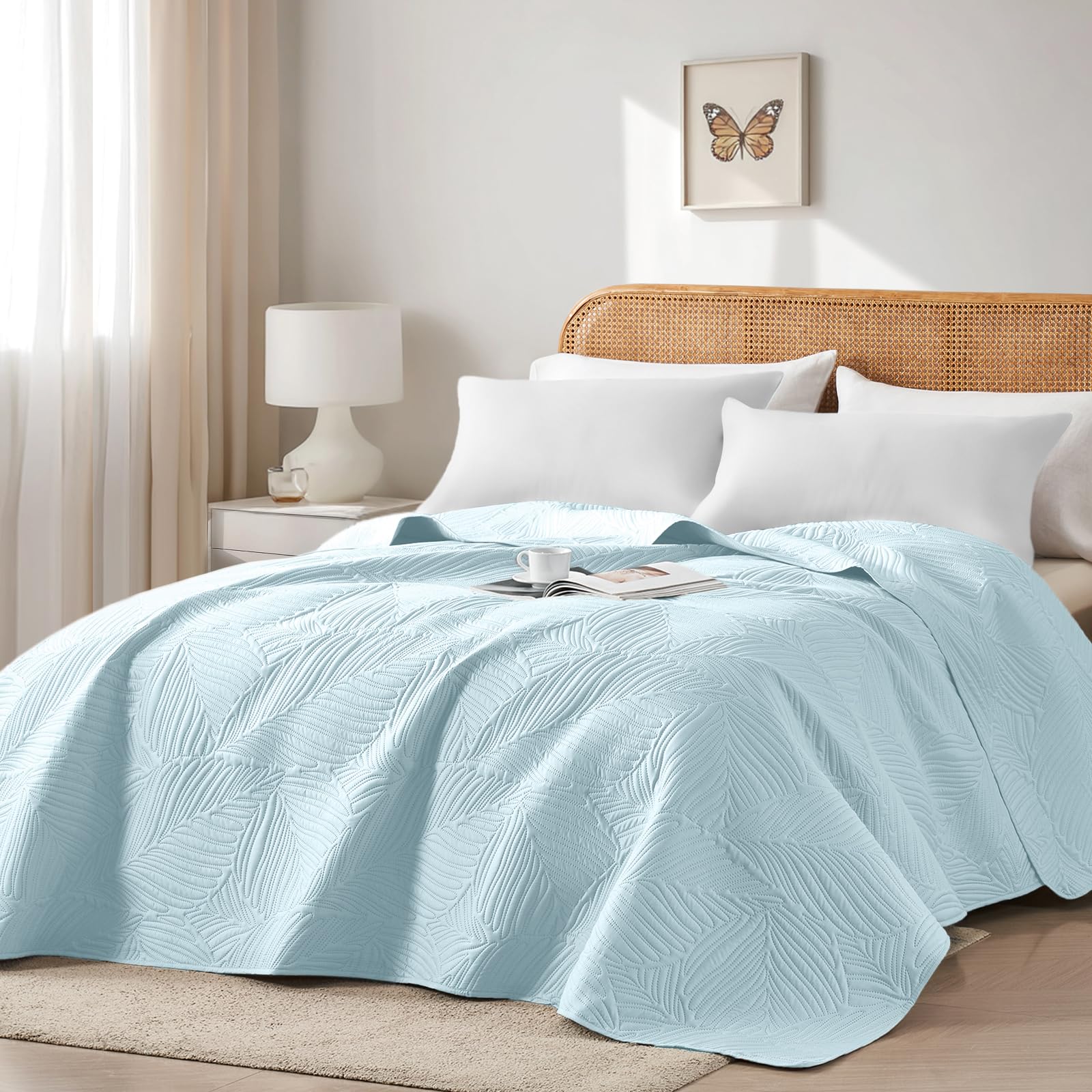 Colcha Boutí 240x260 cm,Colcha Ultrasónica Azul Cielo,Ligera,Suave y Fácil de Limpiar,Doble Cara,Funda de Cama con Motivo de Hojas,Ideal para Todas Las Estaciones,para Cama y Sofá