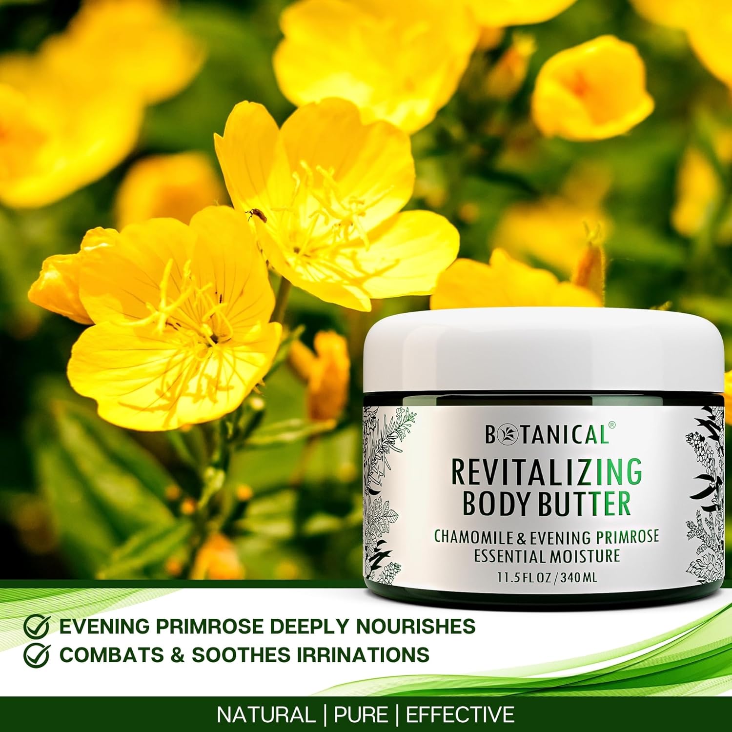 Botanical Revitalizing Body Butter | Evening Primrose & Chamomile Essential Oil | Velvet Nourishing Body Butter | Organic, Pure, Natural Skincare (11.5fl oz | 340 ml)