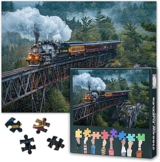 1000 Piece Jigsaw Puzzle for Adults, Vintage Steam Train Crossing High Stone Bridge Over Lush Forest with Waterfall, Landscape Art Puzzles for Adults - 27.5x19.7 in