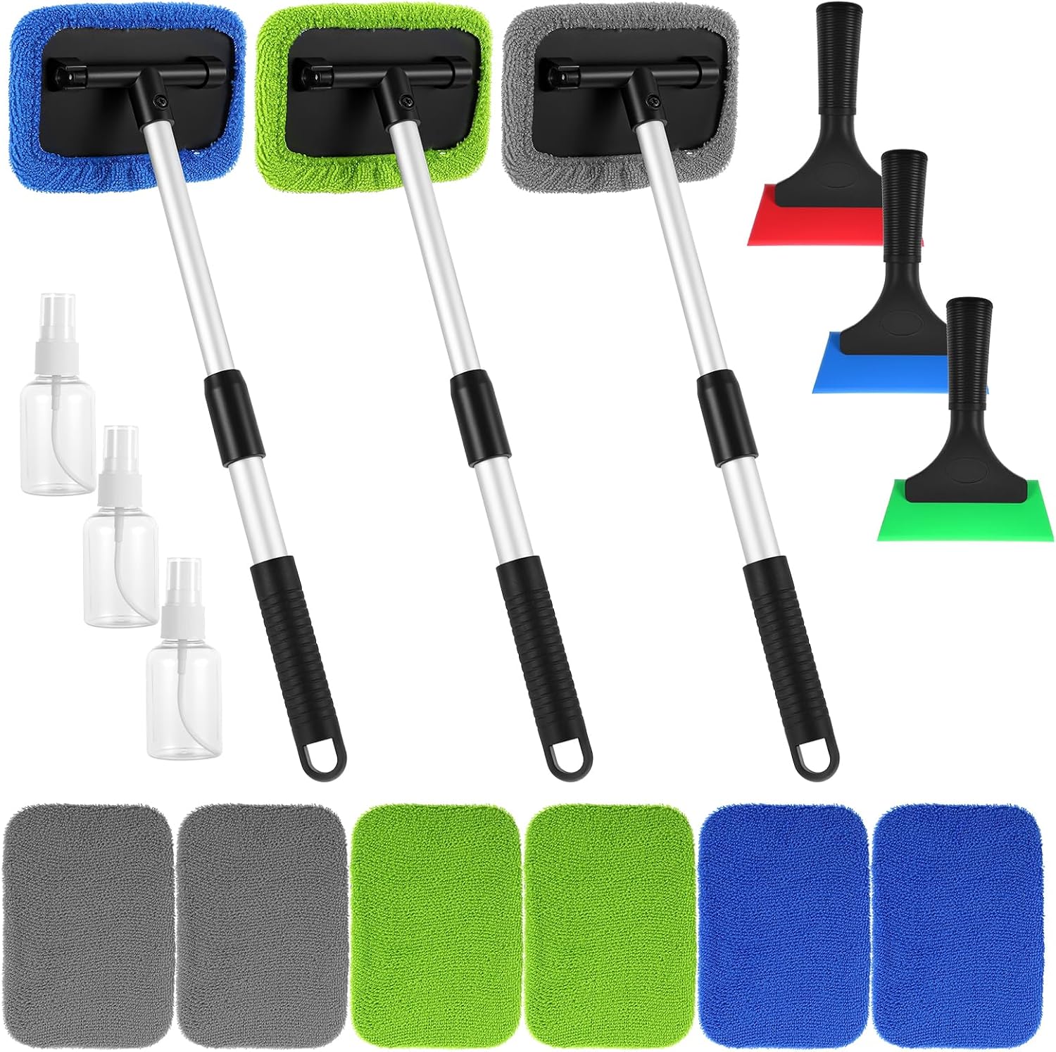 18PCS Windshield Cleaner Tool, Inside Car Window Cleaning Tool with 3 Window Tint Squeegee, 9 Microfiber Pads and 3 Spray Bottles for Car Windshield Window, Mirror, Glass Door