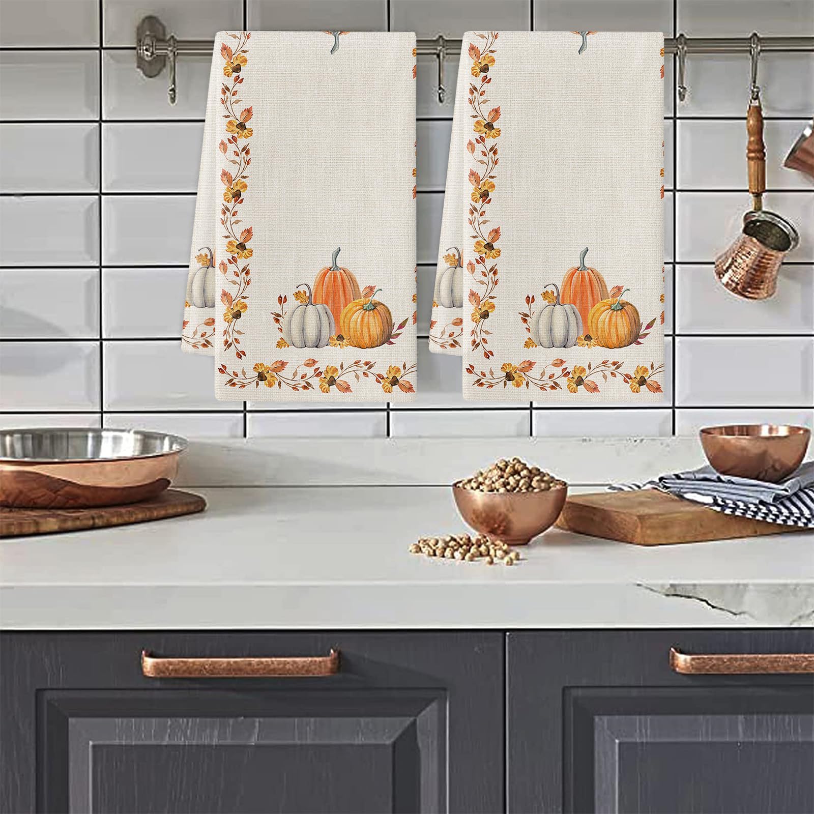 Trapos Cocina Hojas De Calabaza Naranjas Paños de Cocina Microfibra Paños Cocina Suaves Lavable Toallas Reutilizables Absorbentes Baño Pañuelo de Mano Trapos de Cocina 2 Piezas (44x74 cm)