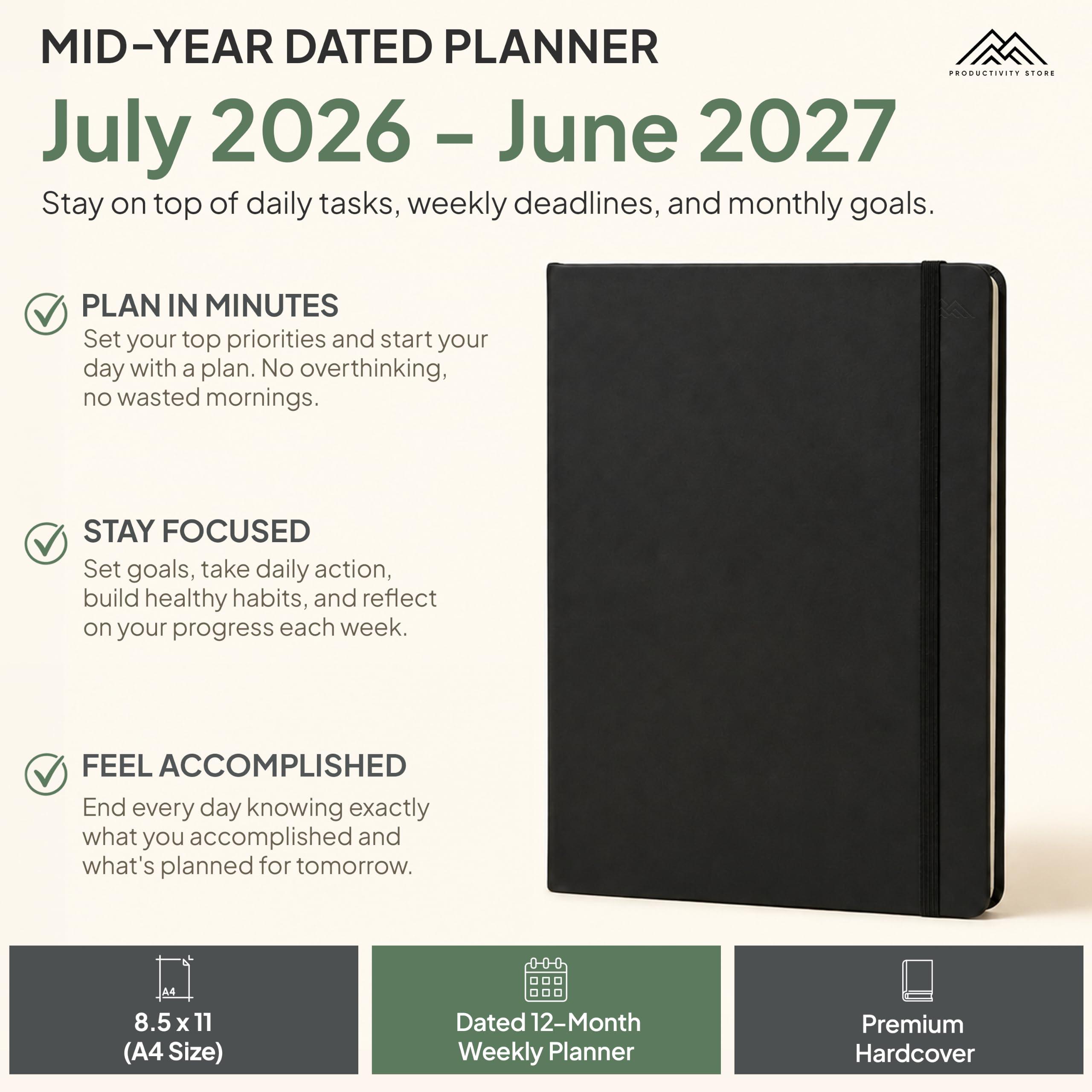 Lipiec 2024-2025 Planer, 8,5 x 11 Pro Max, terminarz produktywności i biznesowy, planer dzienny, planer tygodniowy i miesięczny, czarny, A4, Productivity Store
