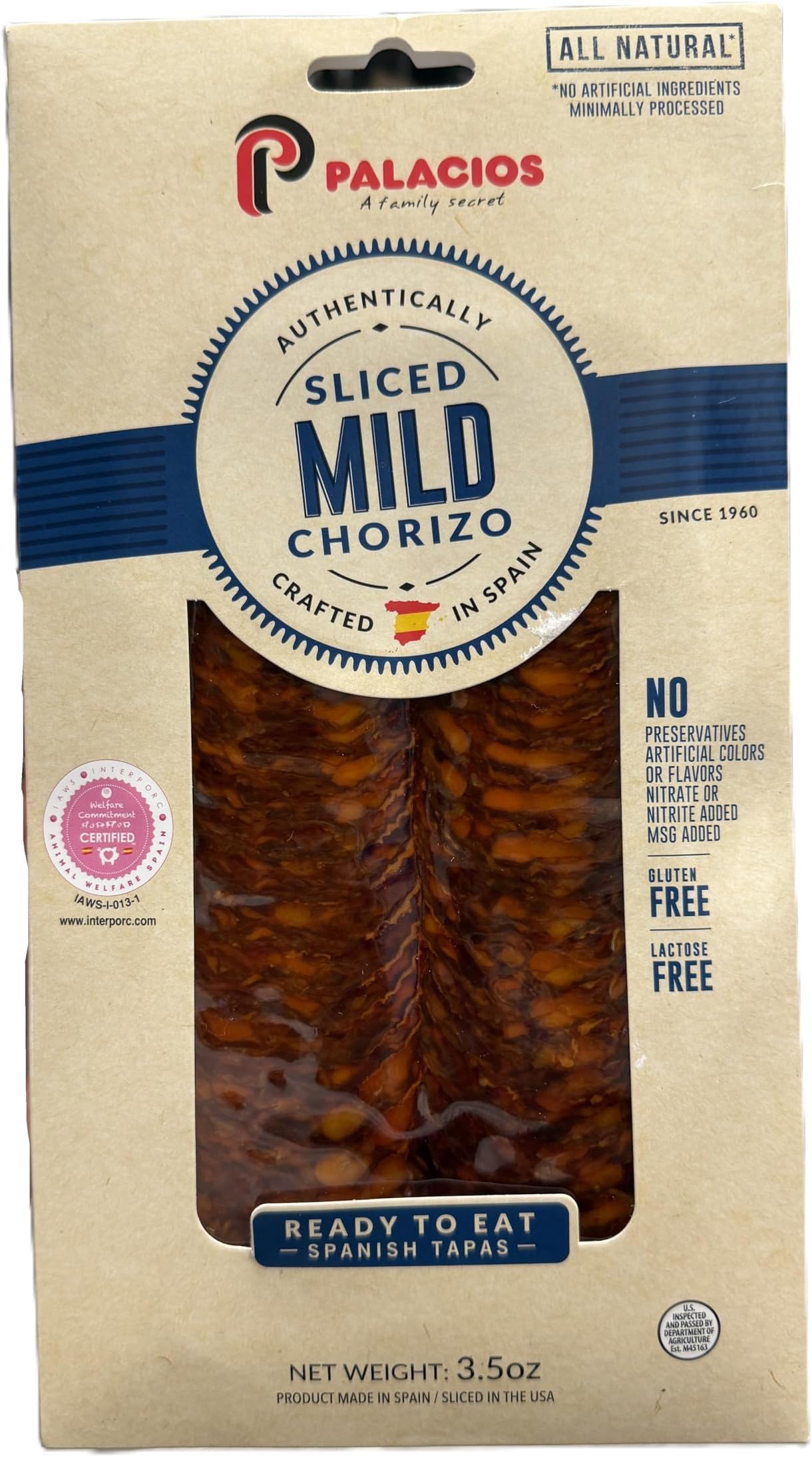 Authentic Spanish Chorizo Sliced Imported from Spain. Mild 3.5 OZ by Palacios