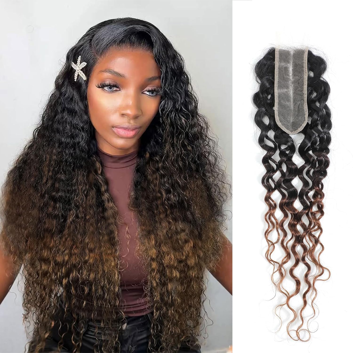 T1B/2/30 Ombre Water Wave Lace Closure 2x6 100% Real Human Hair 16 Inch Chestnut Brown Ombre Water Wave Transparent Lace Closure