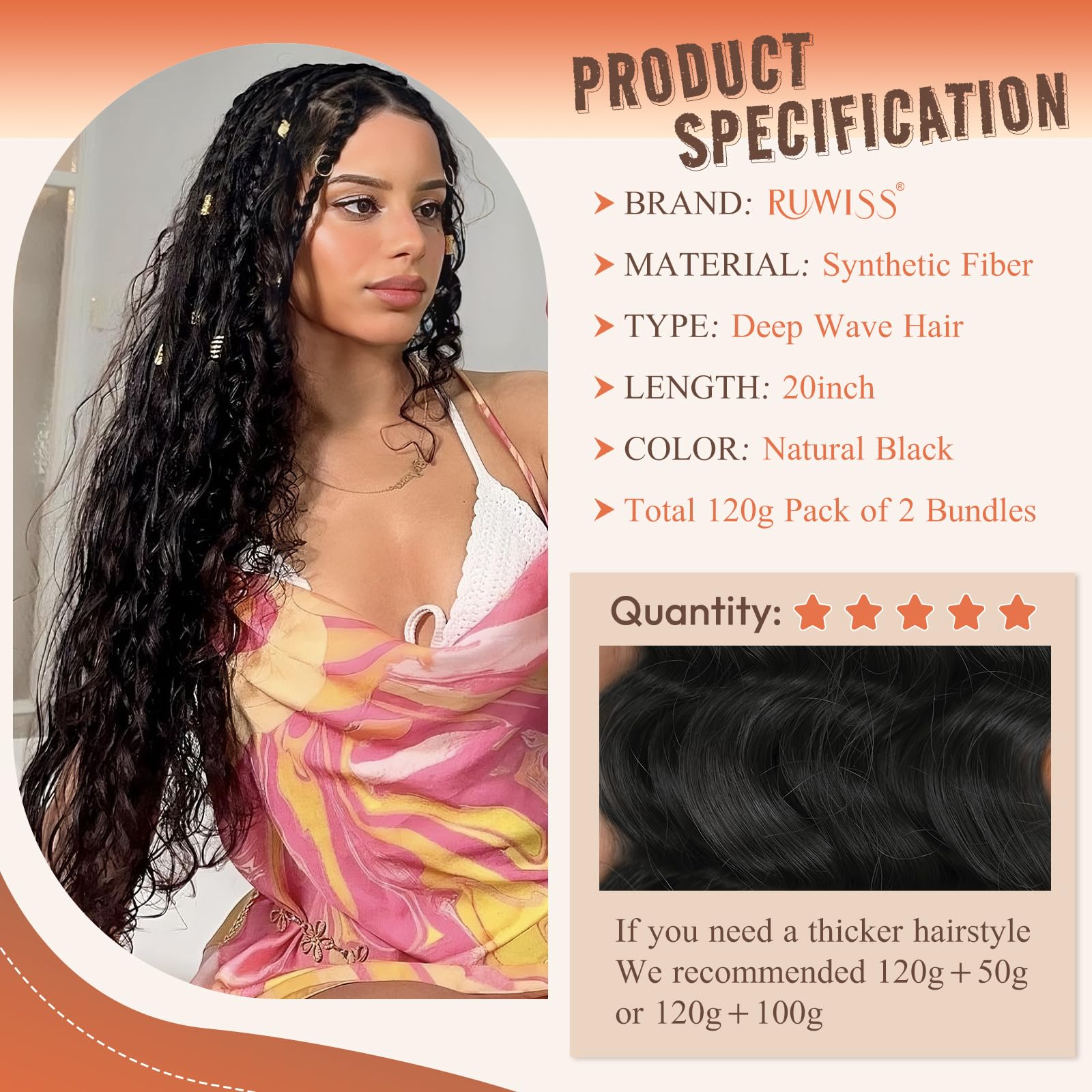 RUWISS 20 Inch Deep Wave Braiding Crochet Hair Extensions for Boho Braids Synthetic Curly Hair Extension for Black Women 2 Bundles/Pack (120g - Image 2