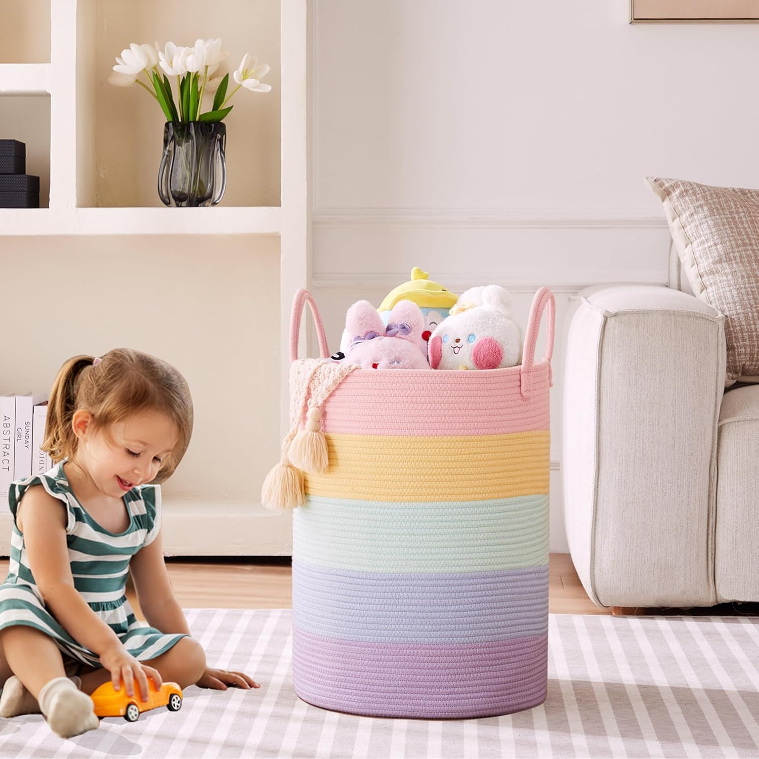 15Dx20H inches Baby Girls Kids Hamper Rainbow Laundry Basket for Nursery Clothes Pastel Unicorn Woven Hamper in Playroom Bedroom 62L Large Tall Blanket Basket for Toy Storage - Image 2