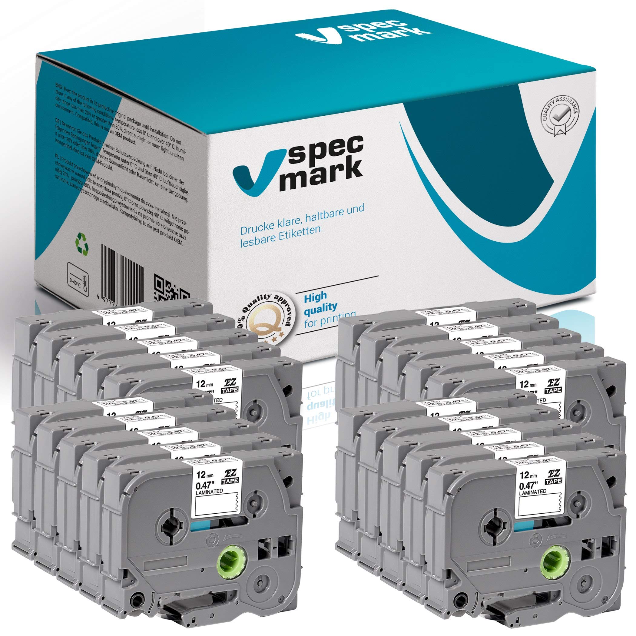 specmark Ruban TZe-231 12mm x 8m Satz x 10 St. Ruban noir sur blanc compatible avec toutes les imprimantes Brother PT P-touch AZe-231 EZe-231 TZ-231 TZ2-233