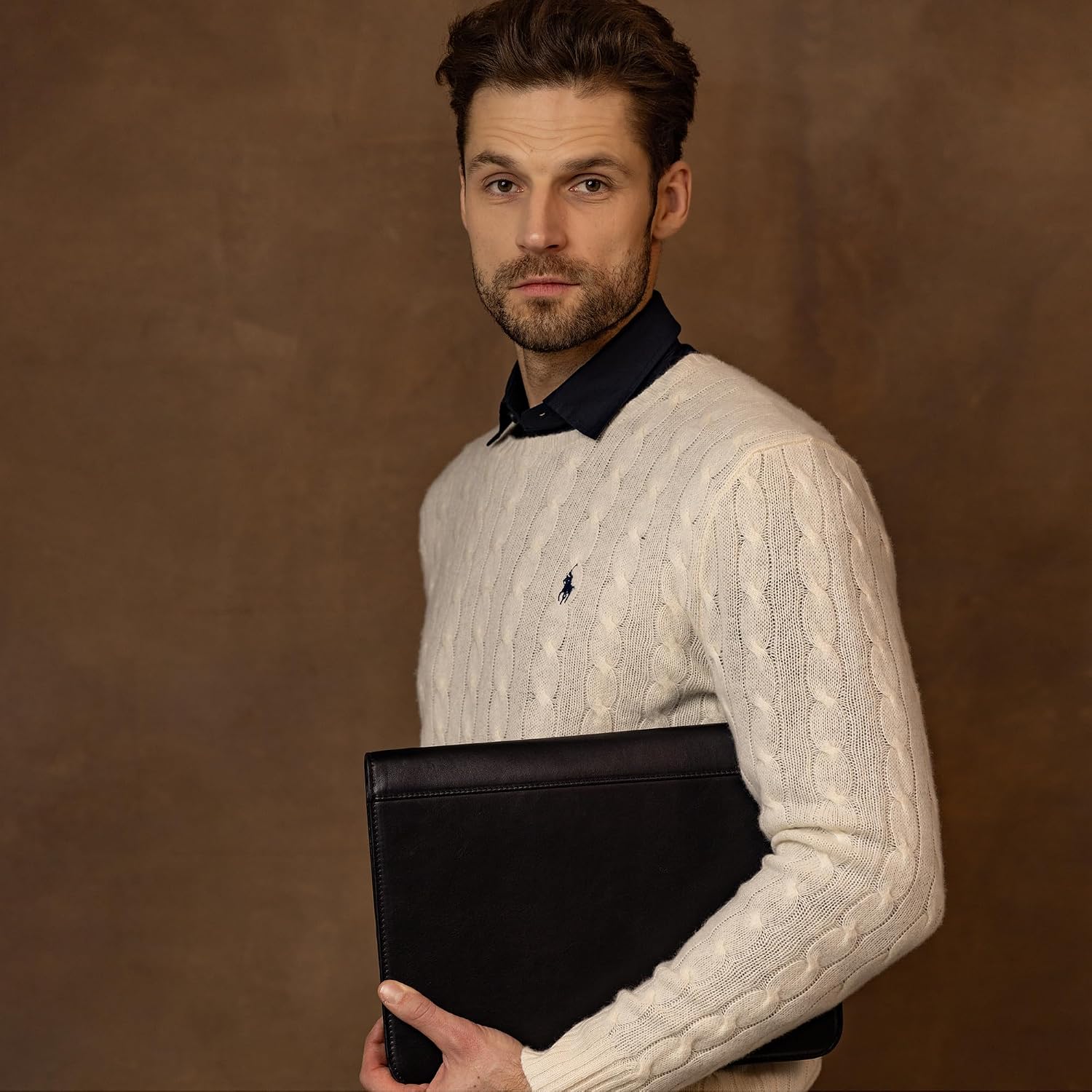 Time Resistance Leather Portfolio - A4 Document Folder - Italian Handcrafted Padfolio Organizer (Black) - Gift Box Included