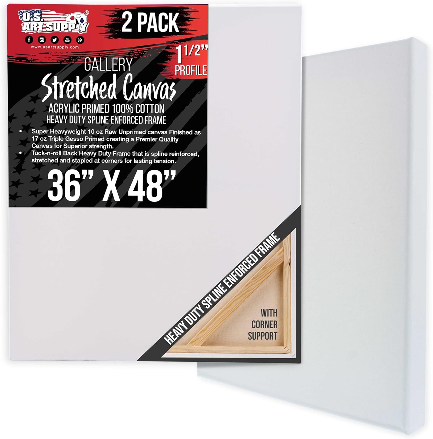 U.S. Art Supply Rectangle Stretched Canvas for Painting 36x48 inch Gallery Depth 1-1/2" Thick, 2-Pack - 17oz Acrylic Gesso Triple Primed, Professional Artist Quality, 100% Cotton - Oil, Pouring Paint
