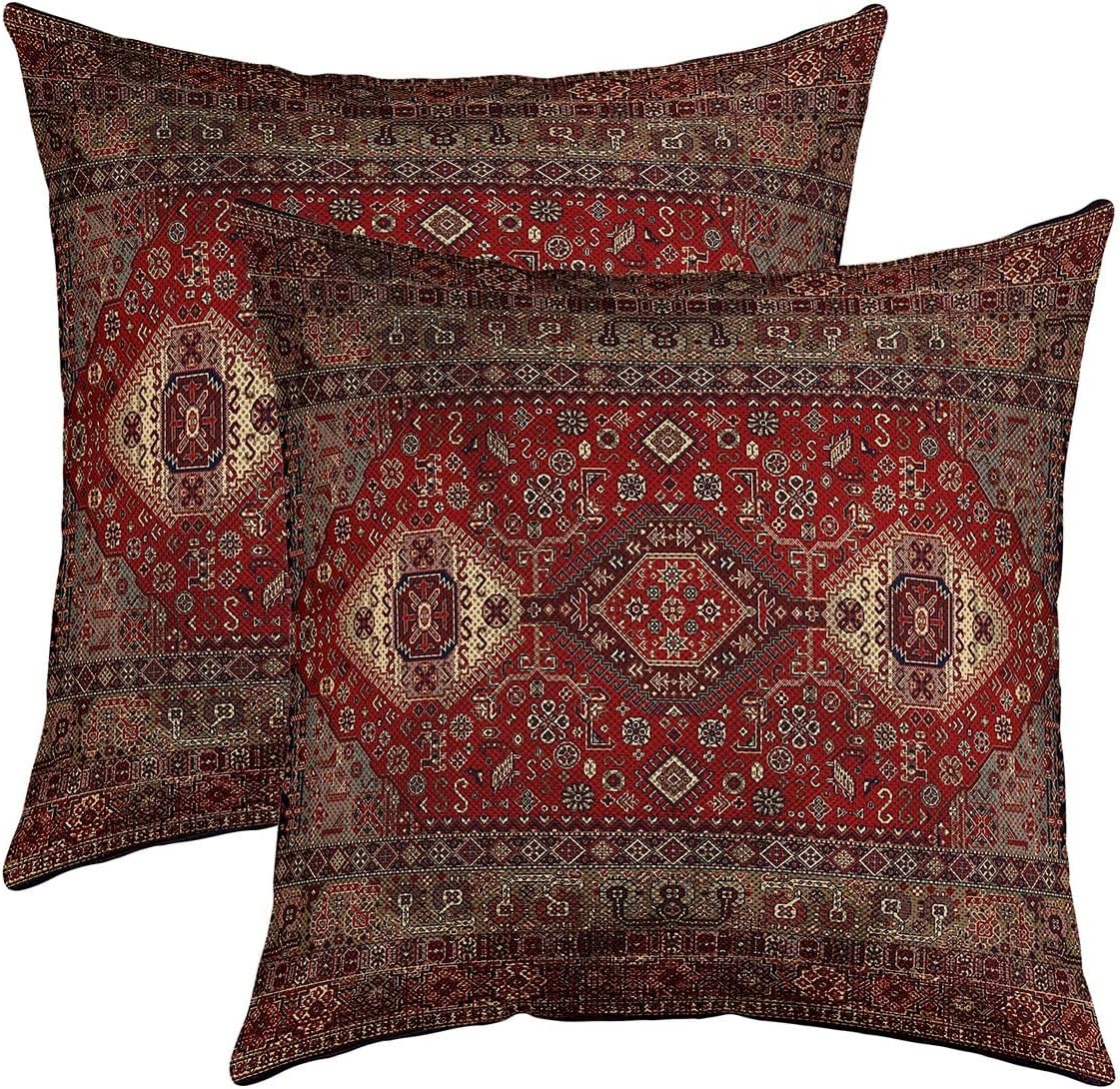 Set of 2 Boho Tribal Throw Pillow Covers 16x16, Retro Exotic Pillow Covers, Vintage Lattice