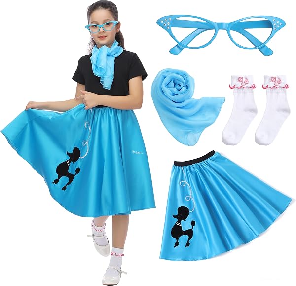 Rabtero Kids Sock Hop Costume, Girls 1950s Dress Costume, 50s Poodle Skirt with Scarf, Glasses and Socks