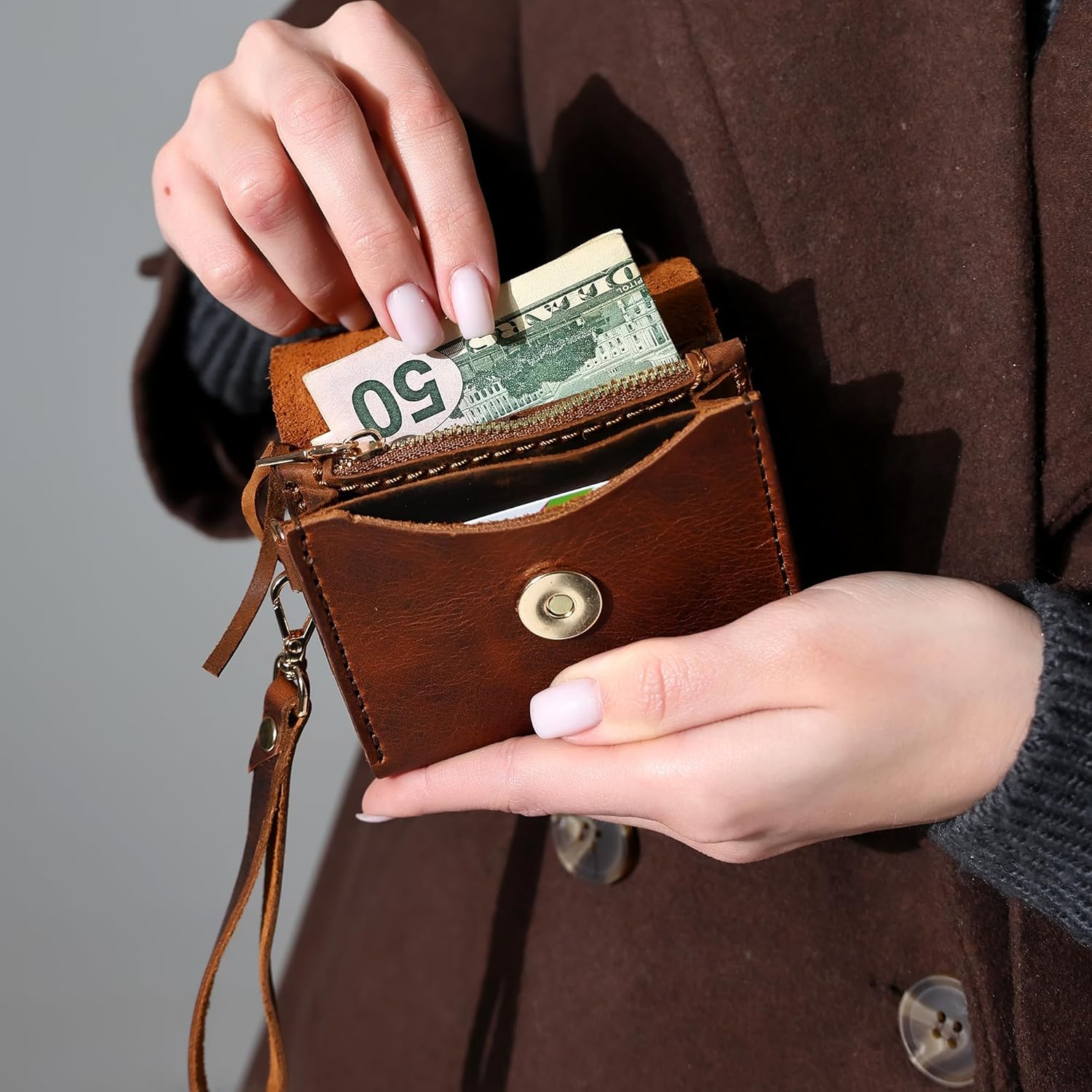 Genuine Leather Handmade Wallet for Women Cute Handstitched Zipper Coin Purse Money Credit Card Holder Wristlet Mini Pouch - Image 2