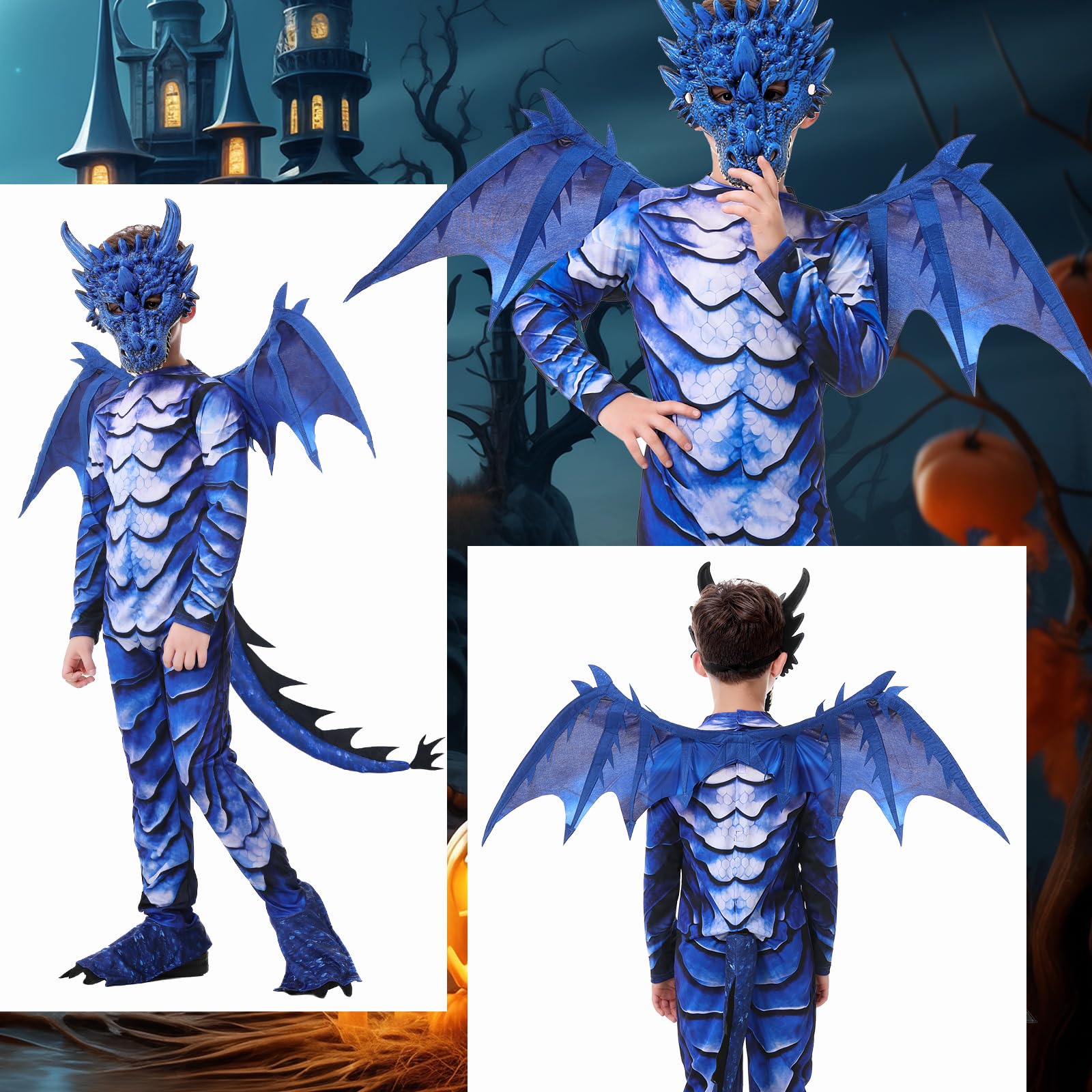 Disfraz de dragón para niños, disfraz de dragón con cola de alas y máscara para niños y niñas, Halloween, carnaval, dragón azul, para niños 4, 5, 6, 7, 8, 9, 10, 11, 12 años