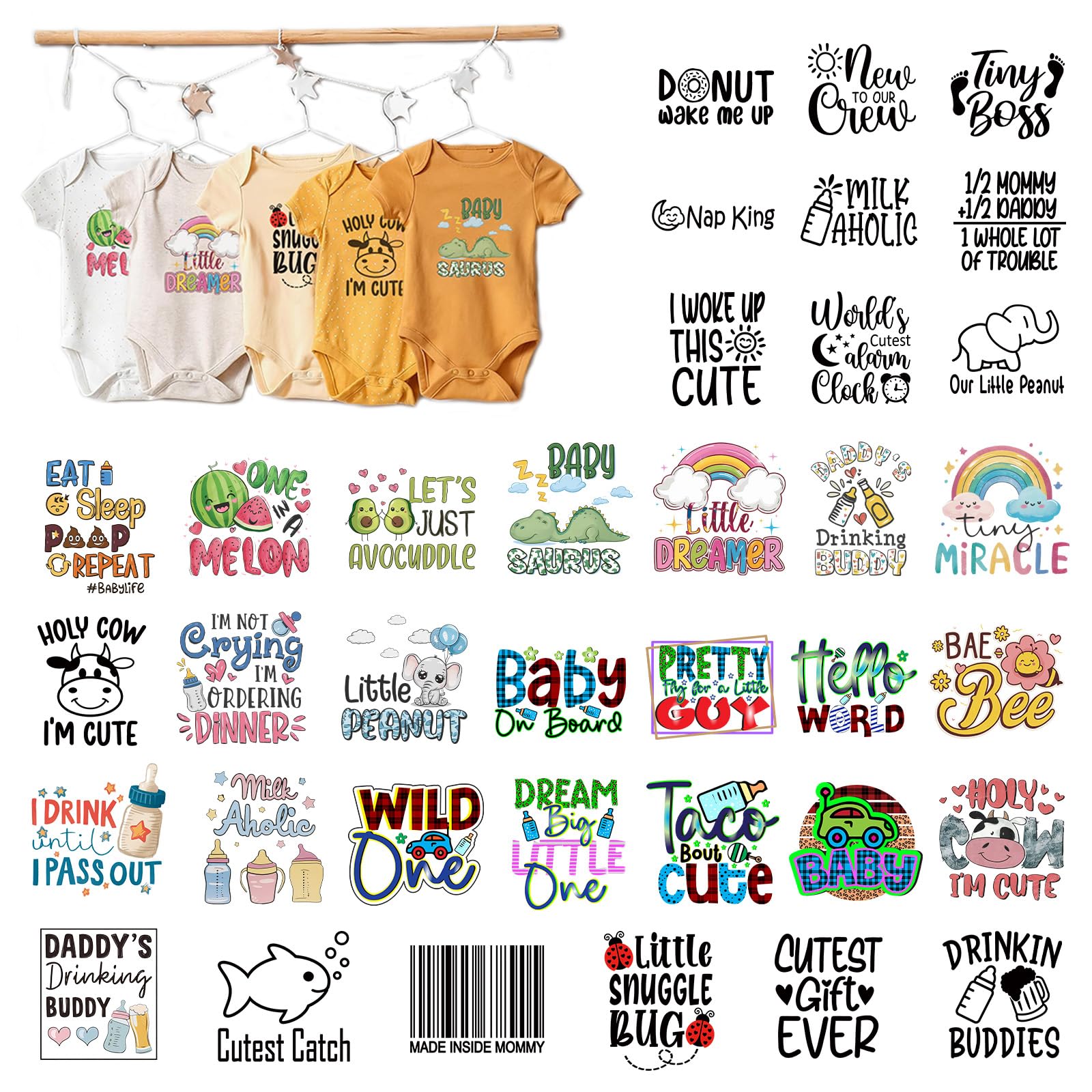 Decoraciones para baby shower, 36 hojas de parches termoadhesivos para ropa, divertidos juegos de baby shower, transferencias DTF, kit de decoración de una pieza listo para apretar para manualidades