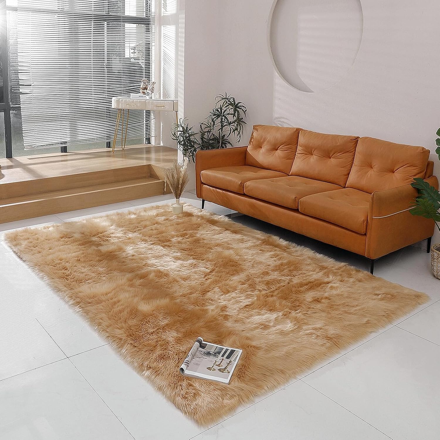 Faux Fur Rug Sheepskin Shag Fluffy Fuzzy 6x9 ft Beige Rugs for Bedroom Bedside Bed Floor Living Room Plush Rectangle High-Density Cushion Carpet Super Sofa Cover 6x9 ft Rectangle Beige