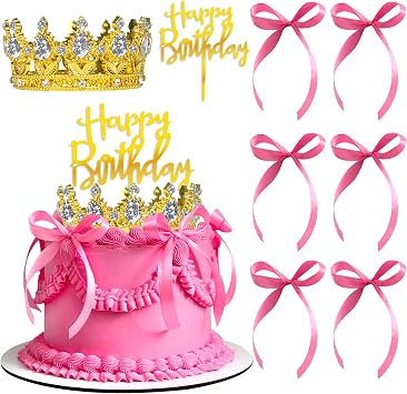 Crown Cake Topper Bow Cake Decoration with Happy Birthday Sign Pink Bows Crown for Princess Themed Birthday