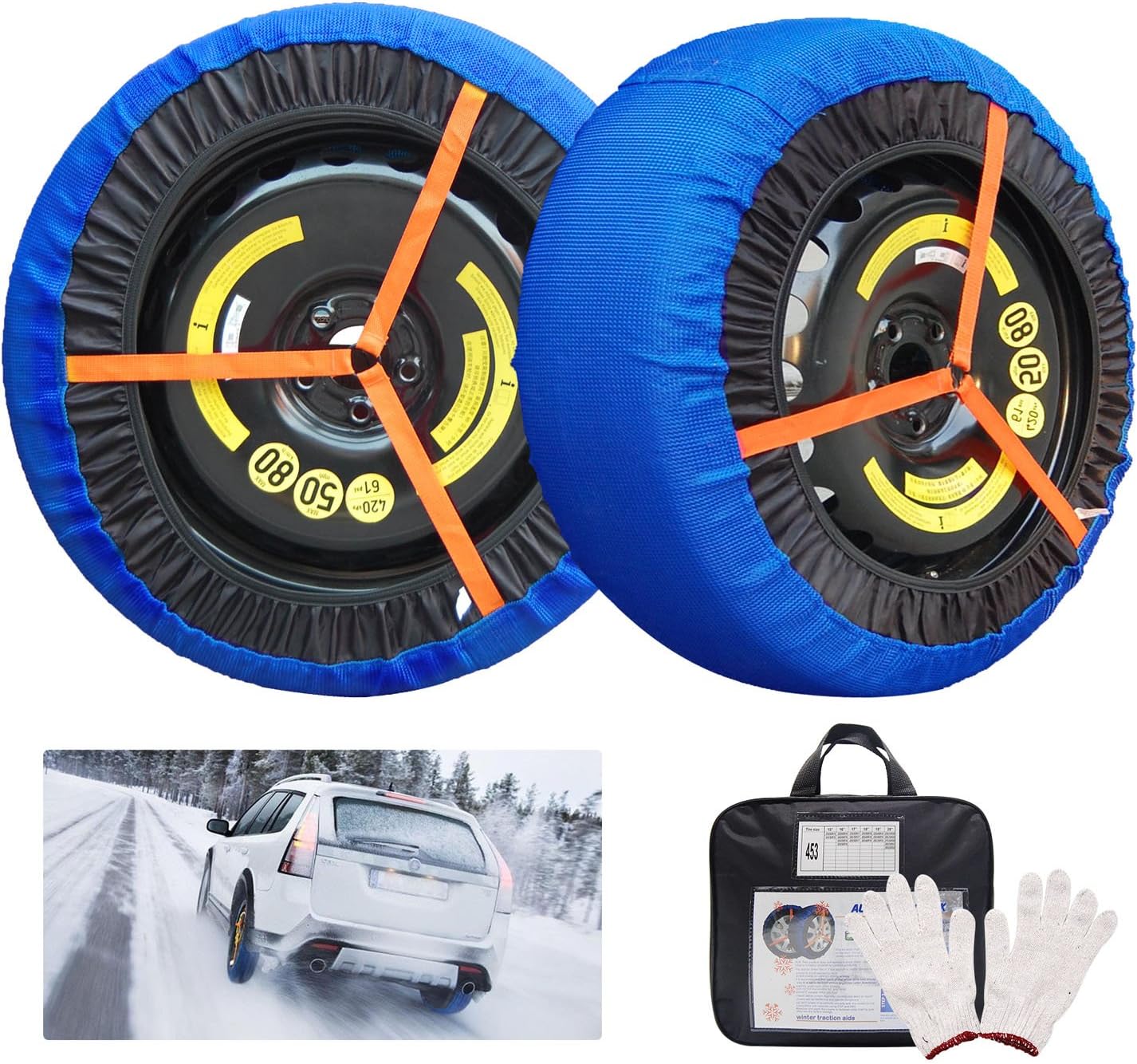 Snow Socks for Tires Car Tire Snow Chains Alternative Anti-skid Snow Traction Tire Cover (Pack of 2)