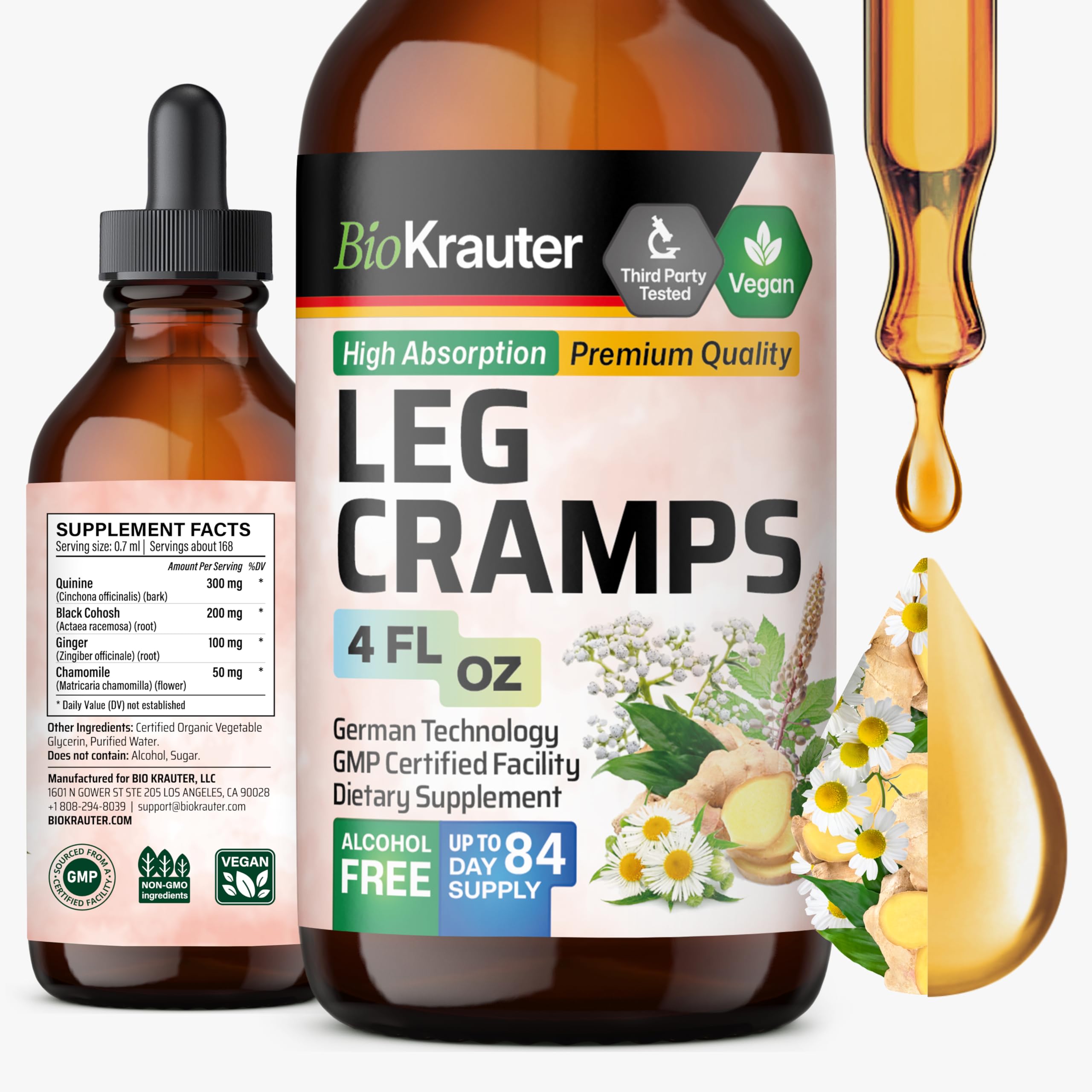 BIO KRAUTER Leg Cramps Tincture with Quinine - Ginger & Chamomile Liquid Extracts for Leg Cramps - Natural Alcohol & Sugar Free Formula - Vegan Drops 4 Fl.Oz.