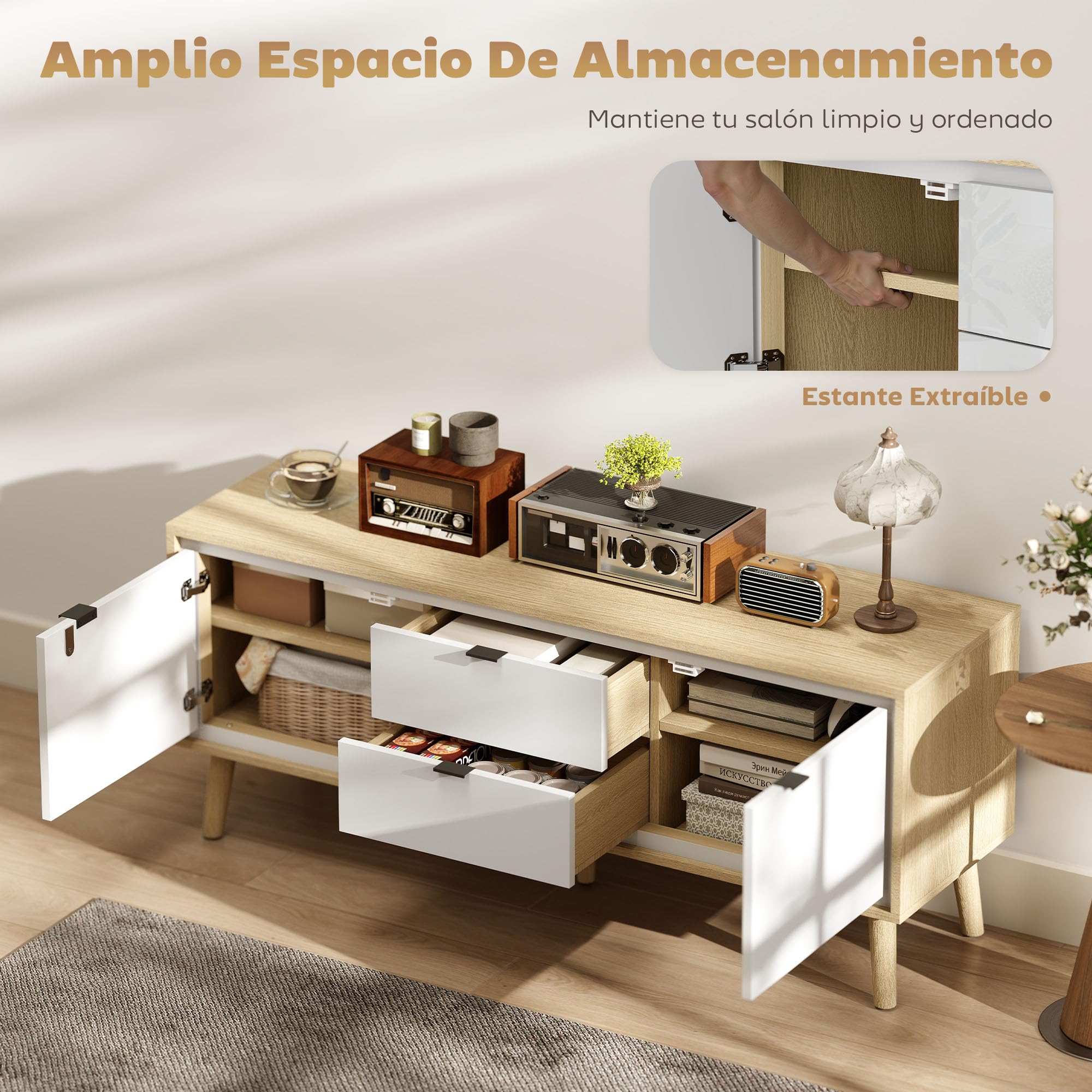 HOMCOM Mueble de TV Moderno de 2 Puertas 120x35x50 cm Blanco Brillo y Roble | Mesa TV para Salón con 2 Cajones, Orificios Pasacables, Estantes Extraíbles y Ajustables, para Televisión 55 Pulgadas